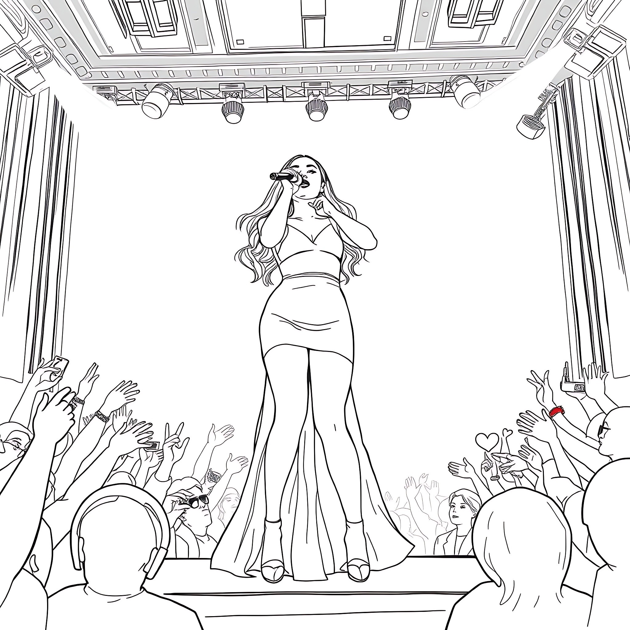Ariana Grande Performing on Stage with Adoring Fans Coloring Page (free black-and-white line drawing printable PDF for all, from beginners to advanced learners, including children, teens, adults, and seniors)