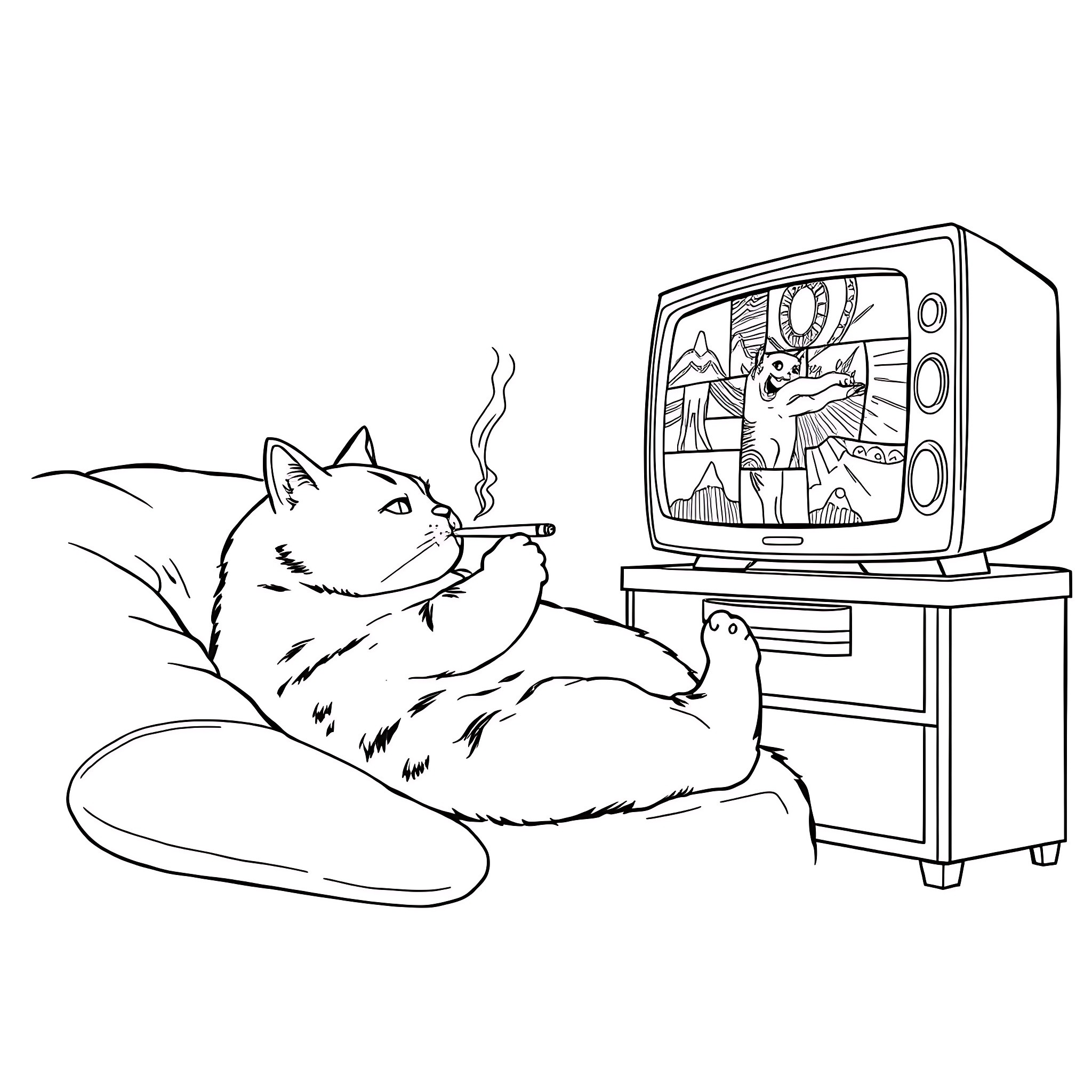 Tabby Cat Watching TV Intently Coloring Page (free black-and-white line drawing printable PDF for all, from beginners to advanced learners, including children, teens, adults, and seniors)