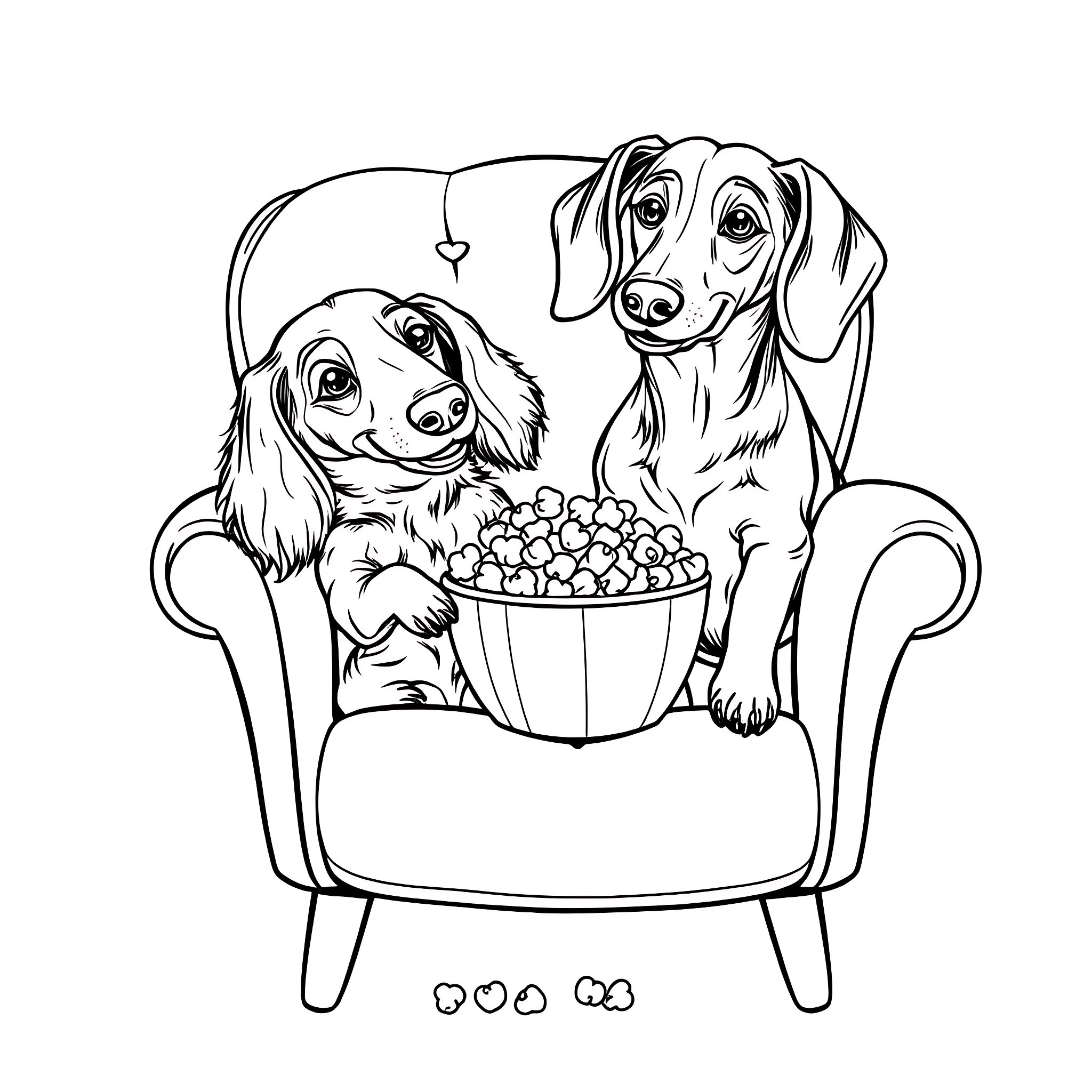 Dachshund dogs watching movie in chair Coloring Page (free black-and-white line drawing printable PDF for all, from beginners to advanced learners, including children, teens, adults, and seniors)