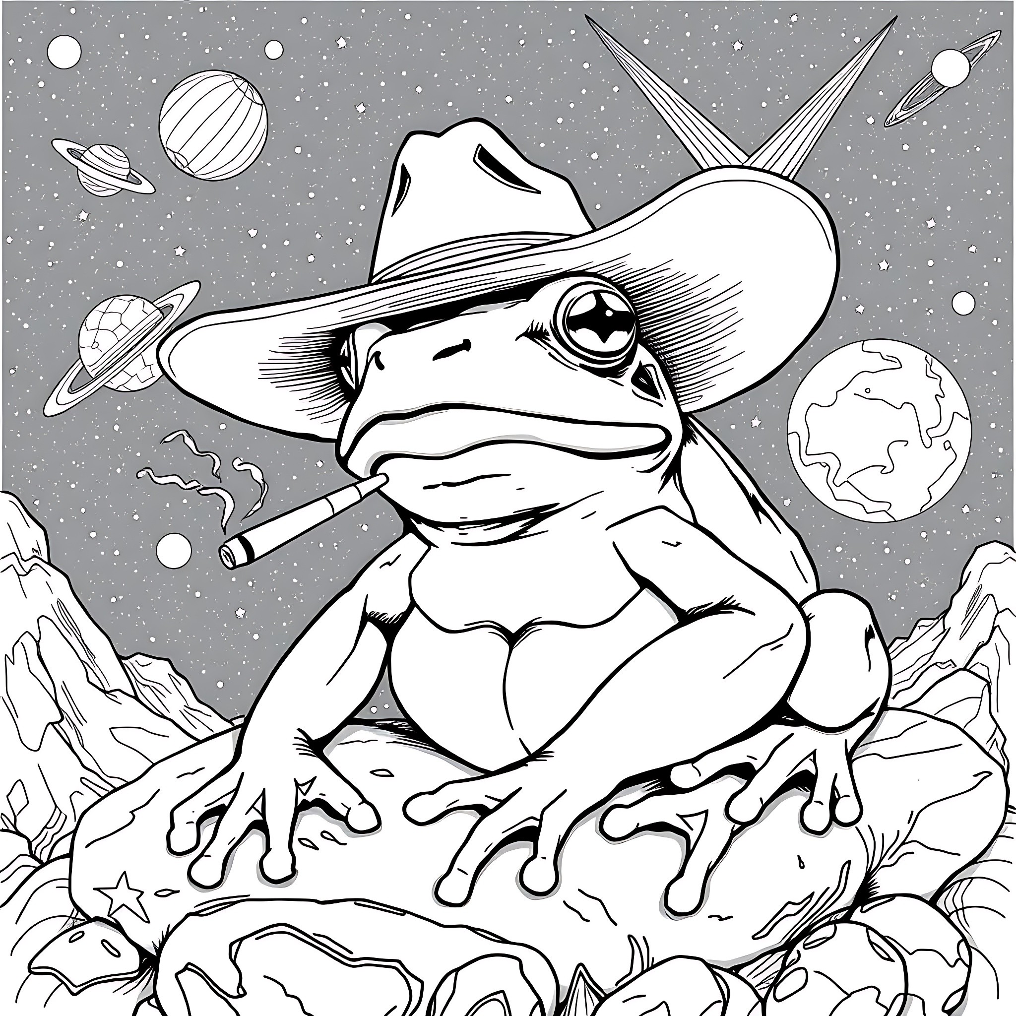 Frog Exploring the Cosmic Landscape Coloring Page (free black-and-white line drawing printable PDF for all, from beginners to advanced learners, including children, teens, adults, and seniors)