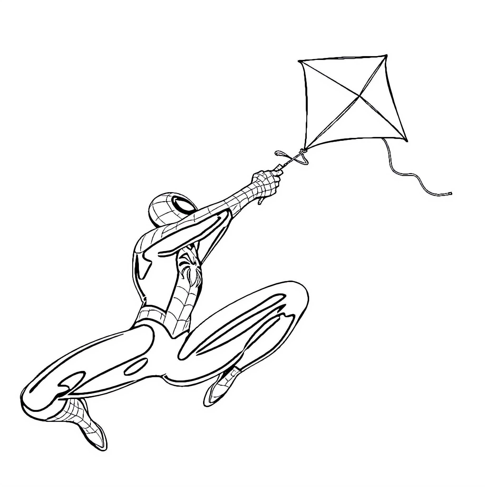 Spiderman flying and flying a kite Coloring Page (free black-and-white line drawing printable PDF for all, from beginners to advanced learners, including children, teens, adults, and seniors)