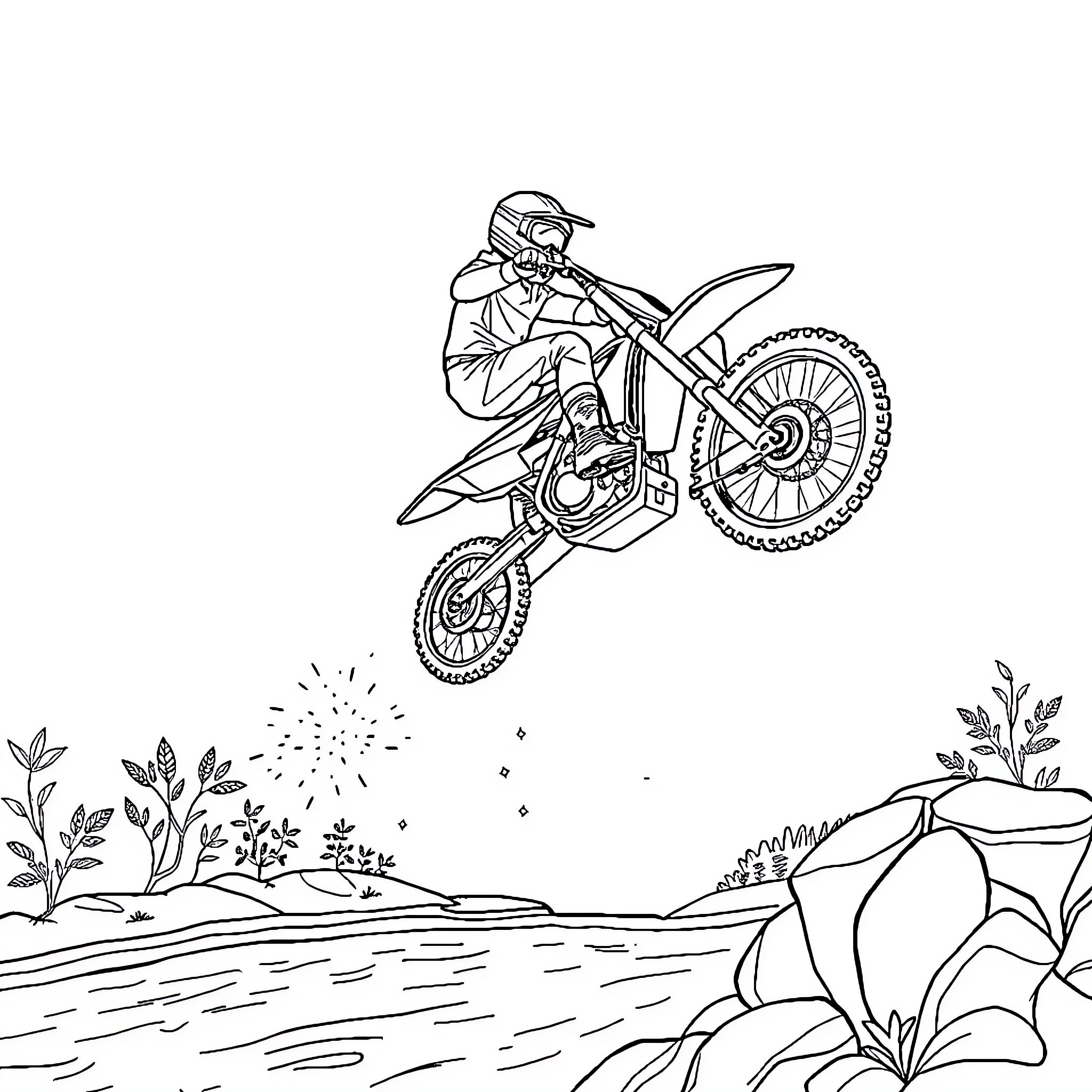 Dirtbike rider in mid-air stunt over rocky terrain Coloring Page (free black-and-white line drawing printable PDF for all, from beginners to advanced learners, including children, teens, adults, and seniors)