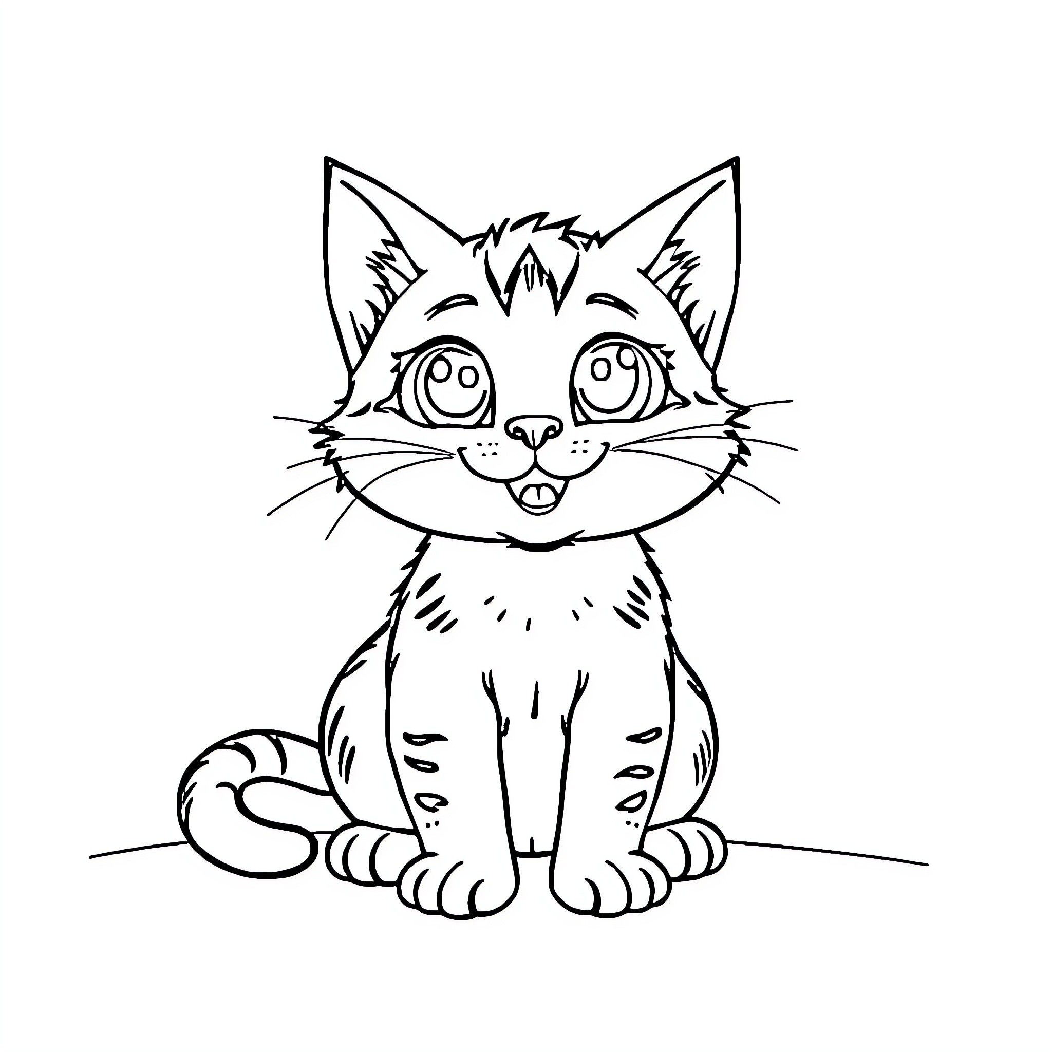Cat Cartoon Character with Expressive Eyes Coloring Page (free black-and-white line drawing printable PDF for all, from beginners to advanced learners, including children, teens, adults, and seniors)