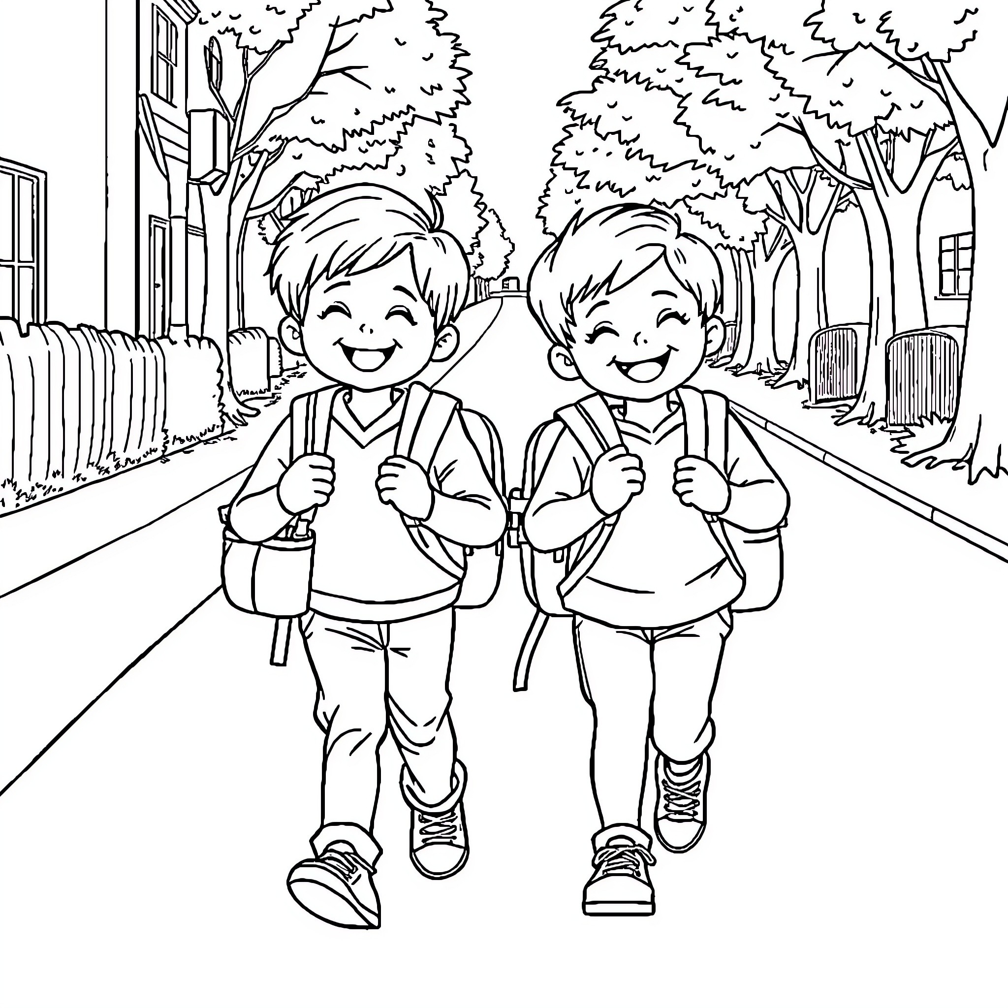 Children walking happily to school Coloring Page (free black-and-white line drawing printable PDF for all, from beginners to advanced learners, including children, teens, adults, and seniors)