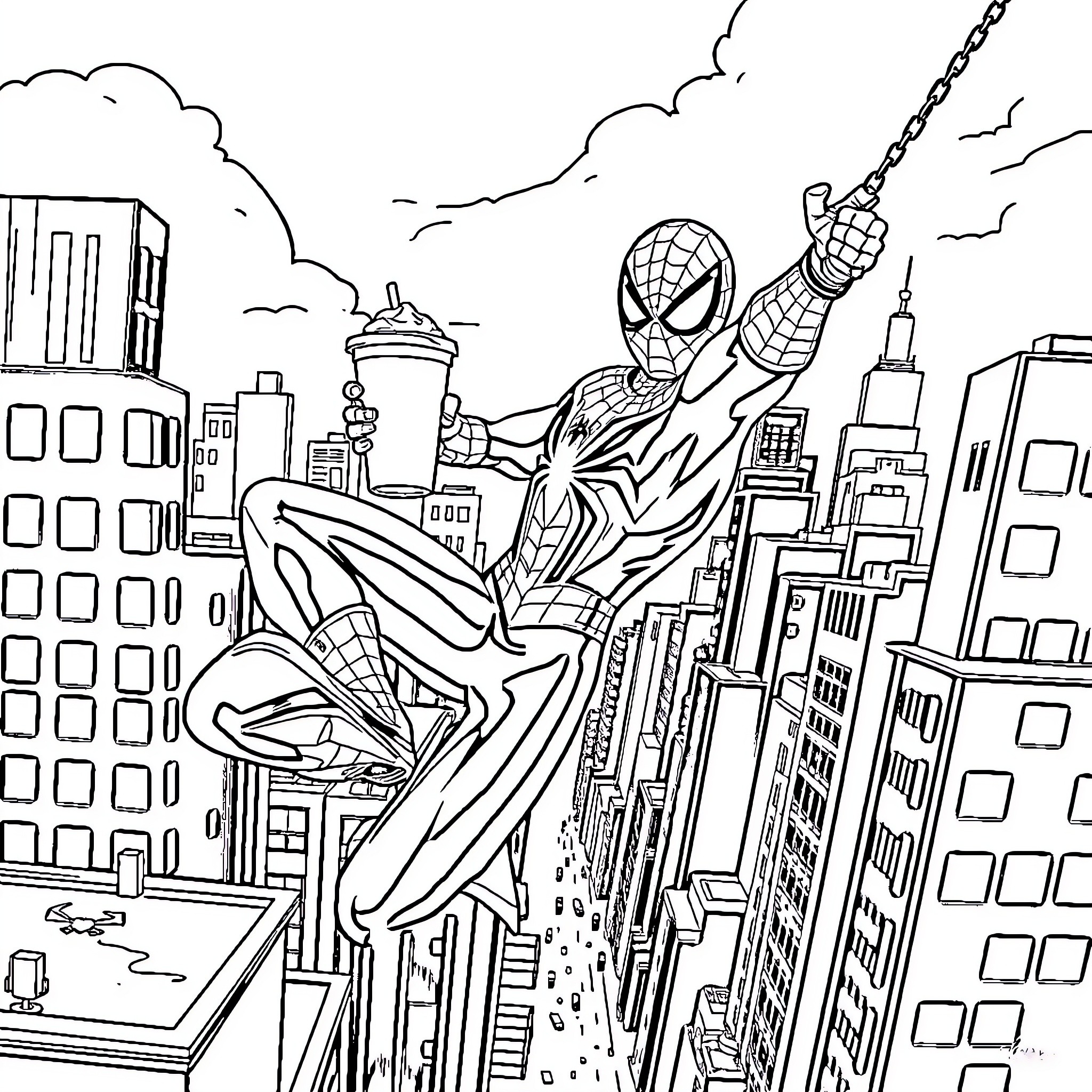 Spiderman swinging through the city streets Coloring Page (free black-and-white line drawing printable PDF for all, from beginners to advanced learners, including children, teens, adults, and seniors)