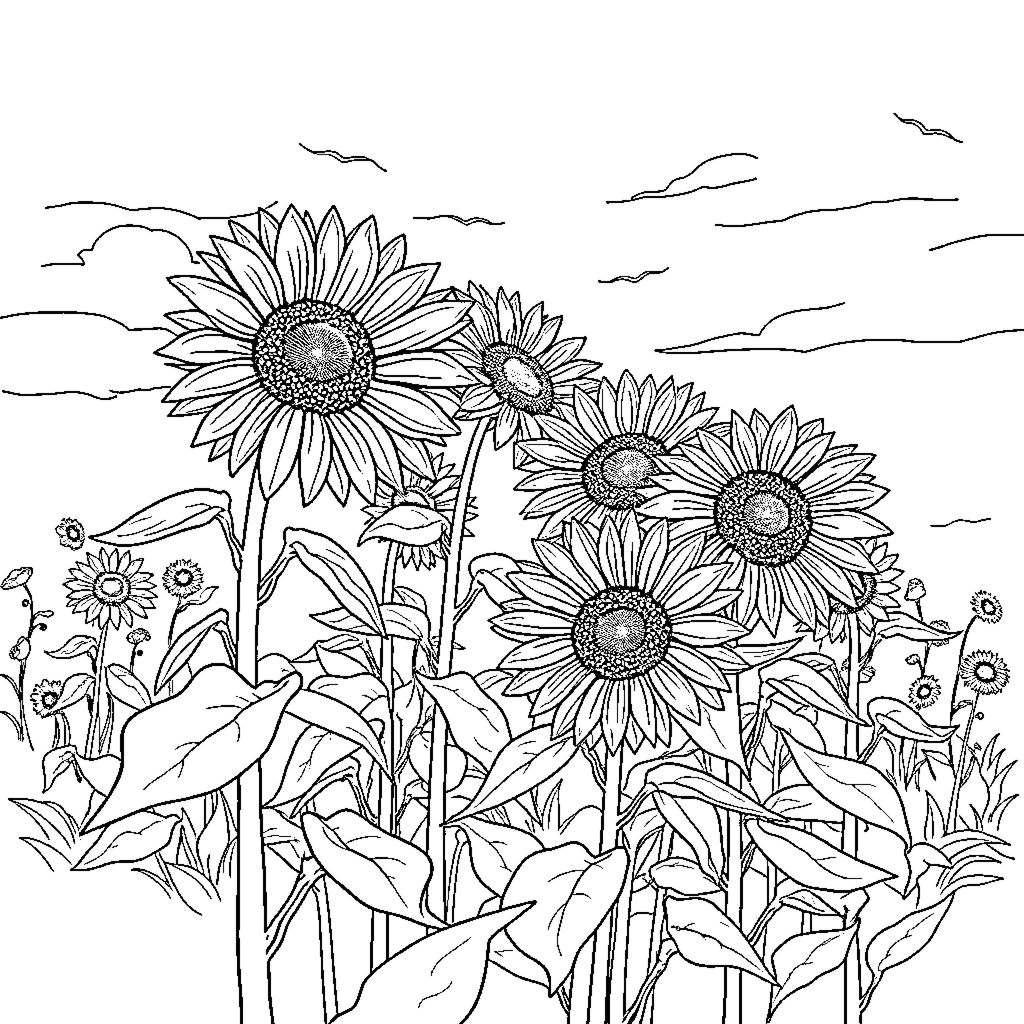 Sunflower field with blooming flowers and clouds Coloring Page (free black-and-white line drawing printable PDF for all, from beginners to advanced learners, including children, teens, adults, and seniors)