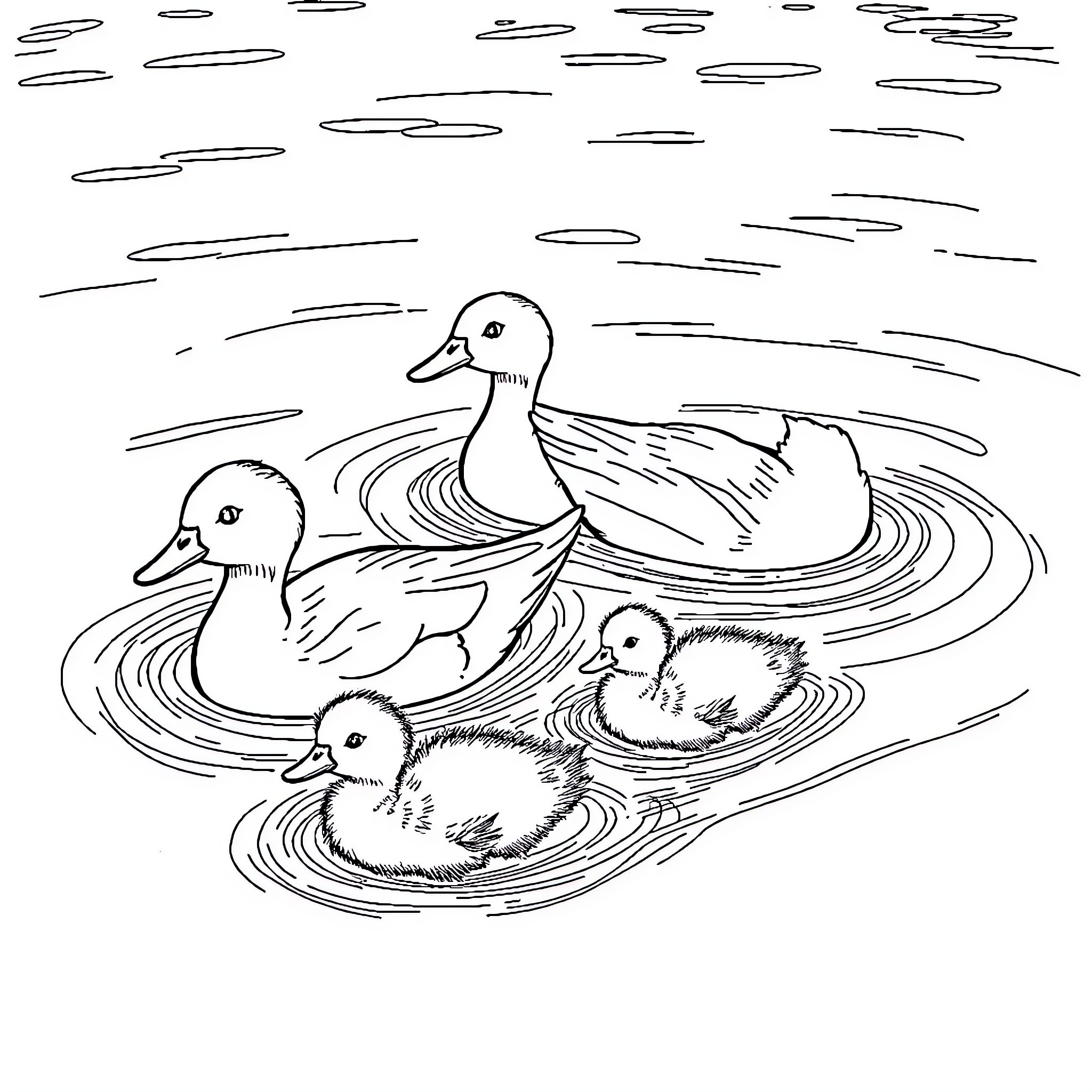 Duck and ducklings swimming in the pond Coloring Page (free black-and-white line drawing printable PDF for all, from beginners to advanced learners, including children, teens, adults, and seniors)