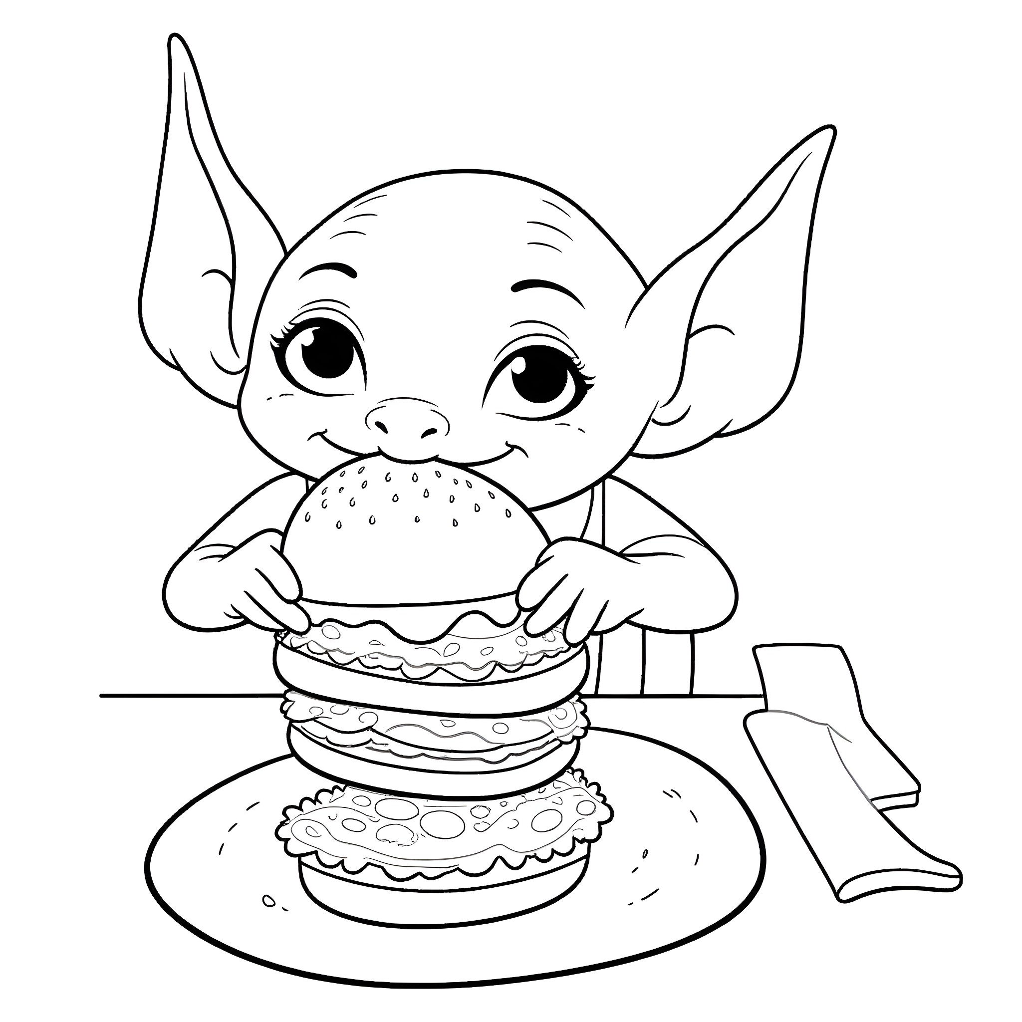 Goblin enjoying a tasty burger Coloring Page (free black-and-white line drawing printable PDF for all, from beginners to advanced learners, including children, teens, adults, and seniors)
