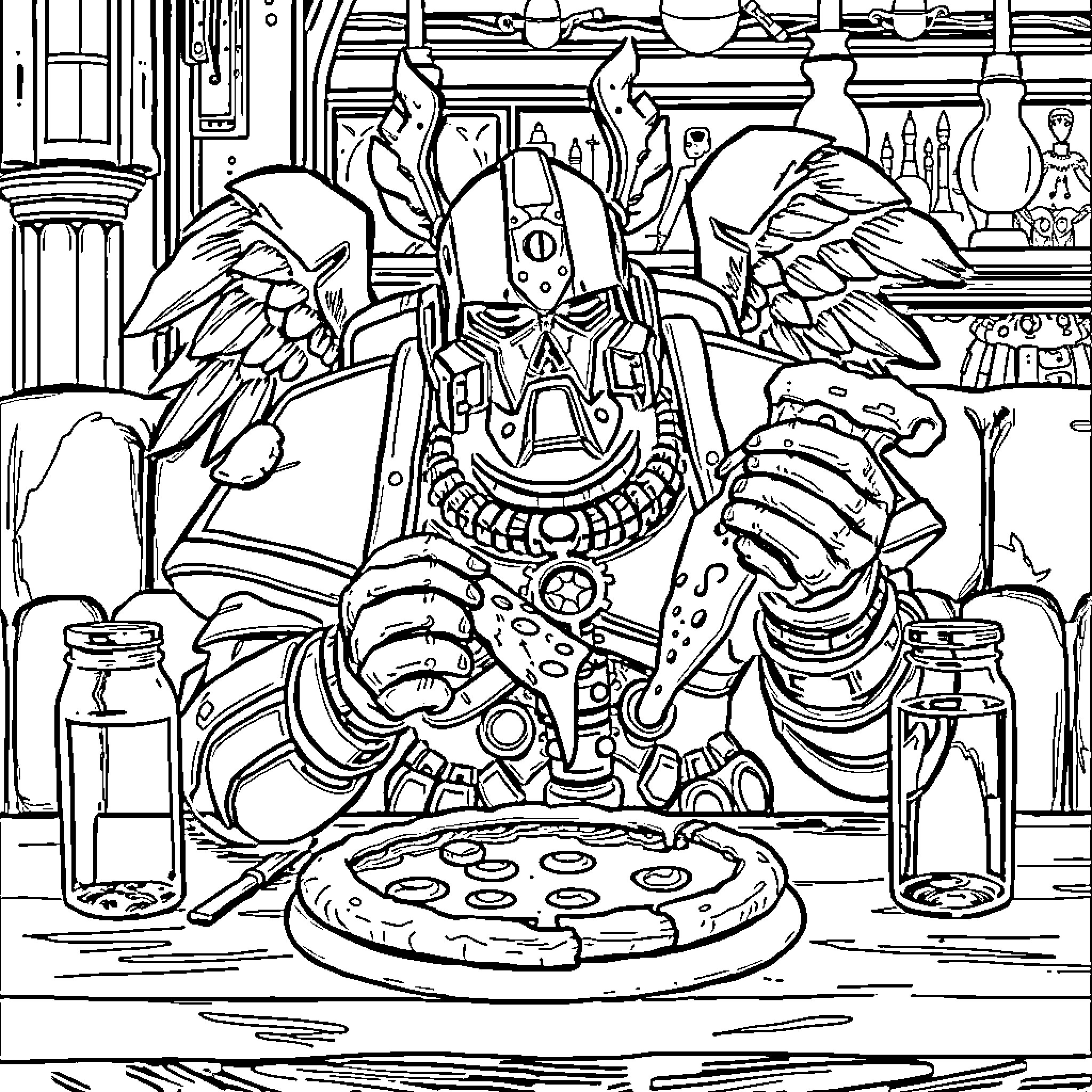 Angel eating pizza in a fantastical, detailed scene Coloring Page (free black-and-white line drawing printable PDF for all, from beginners to advanced learners, including children, teens, adults, and seniors)