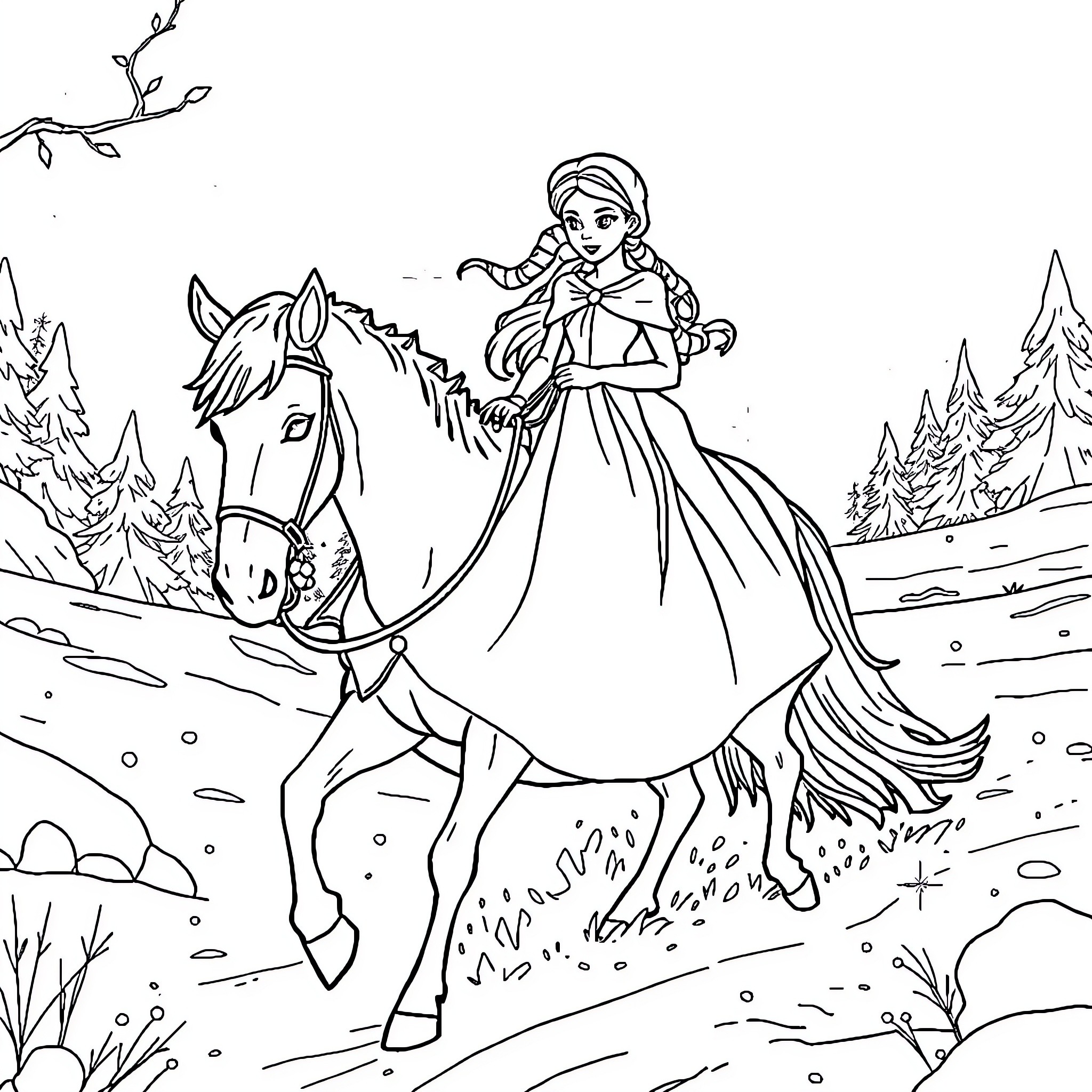 Queen riding elegant horse through snowy forest Coloring Page (free black-and-white line drawing printable PDF for all, from beginners to advanced learners, including children, teens, adults, and seniors)