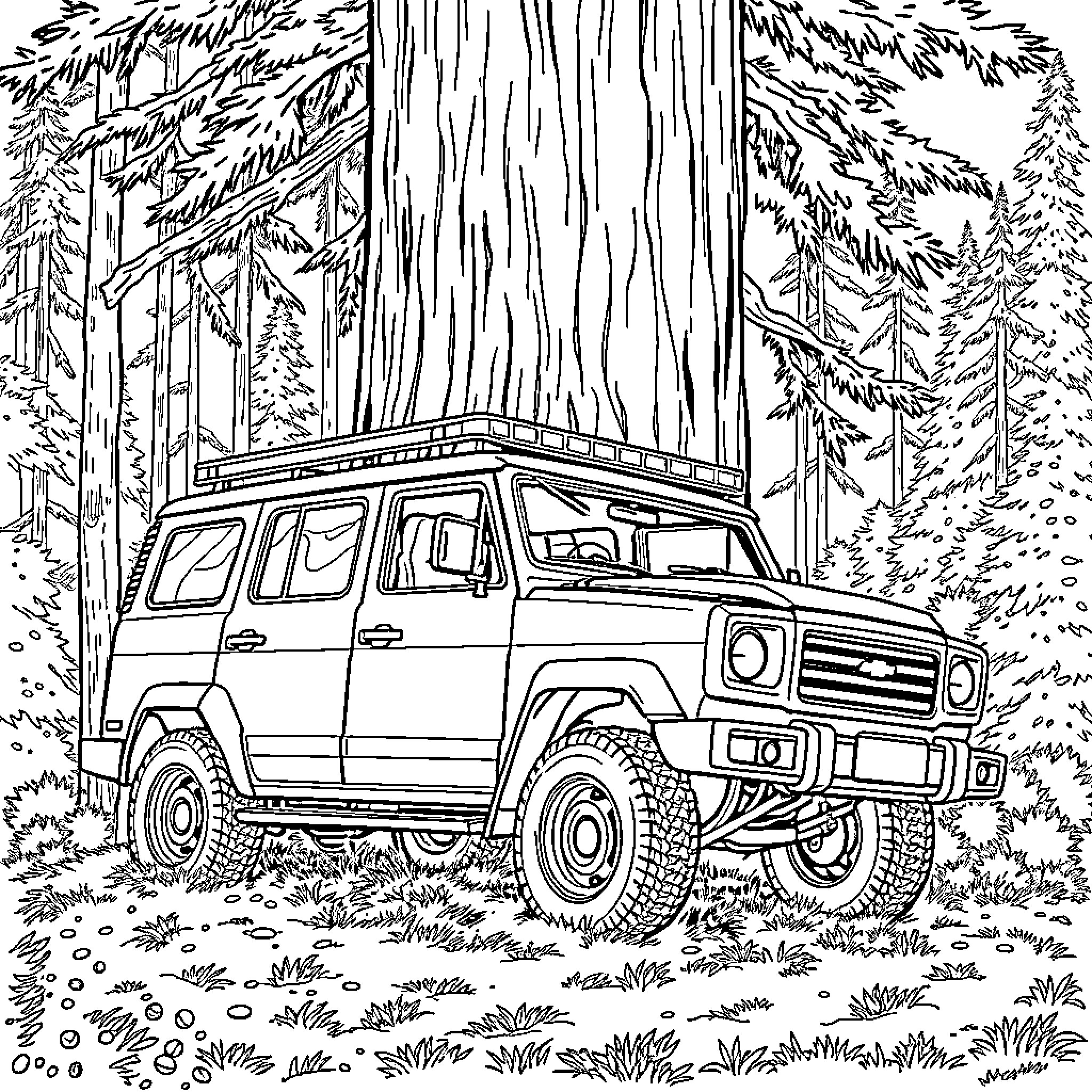 Car off-roading in the forest Coloring Page (free black-and-white line drawing printable PDF for all, from beginners to advanced learners, including children, teens, adults, and seniors)