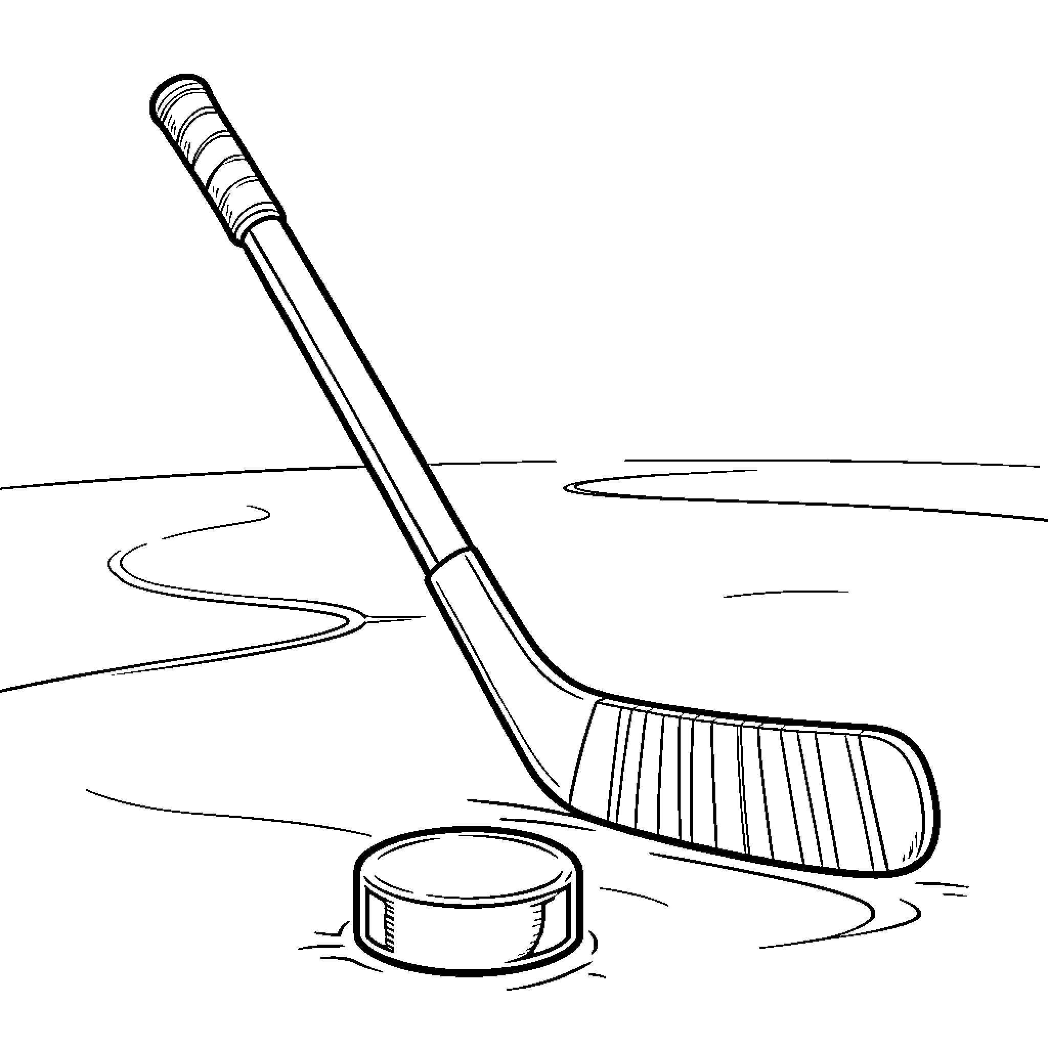 Hockey Stick on the Ice Rink Coloring Page (free black-and-white line drawing printable PDF for all, from beginners to advanced learners, including children, teens, adults, and seniors)