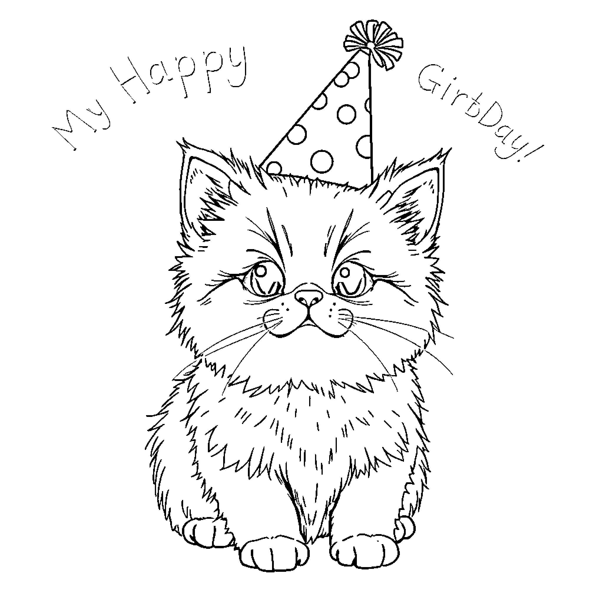 Cat wearing a party hat for a birthday Coloring Page (free black-and-white line drawing printable PDF for all, from beginners to advanced learners, including children, teens, adults, and seniors)