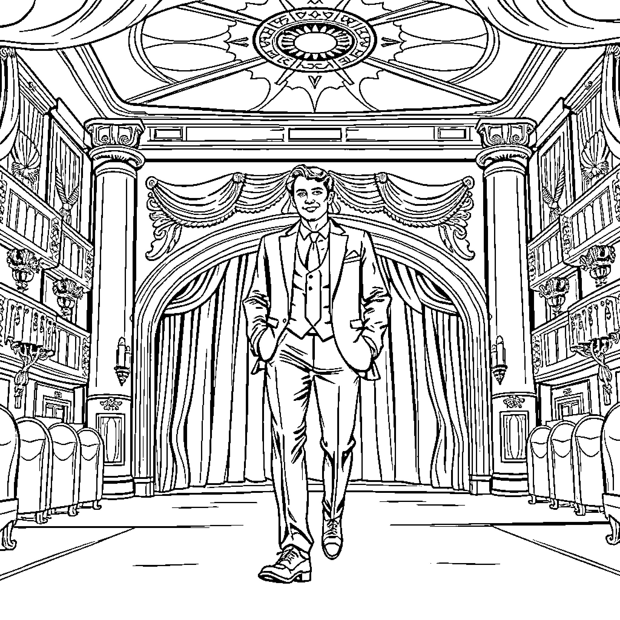 Man in dapper attire walks through grand theater entrance Coloring Page (free black-and-white line drawing printable PDF for all, from beginners to advanced learners, including children, teens, adults, and seniors)