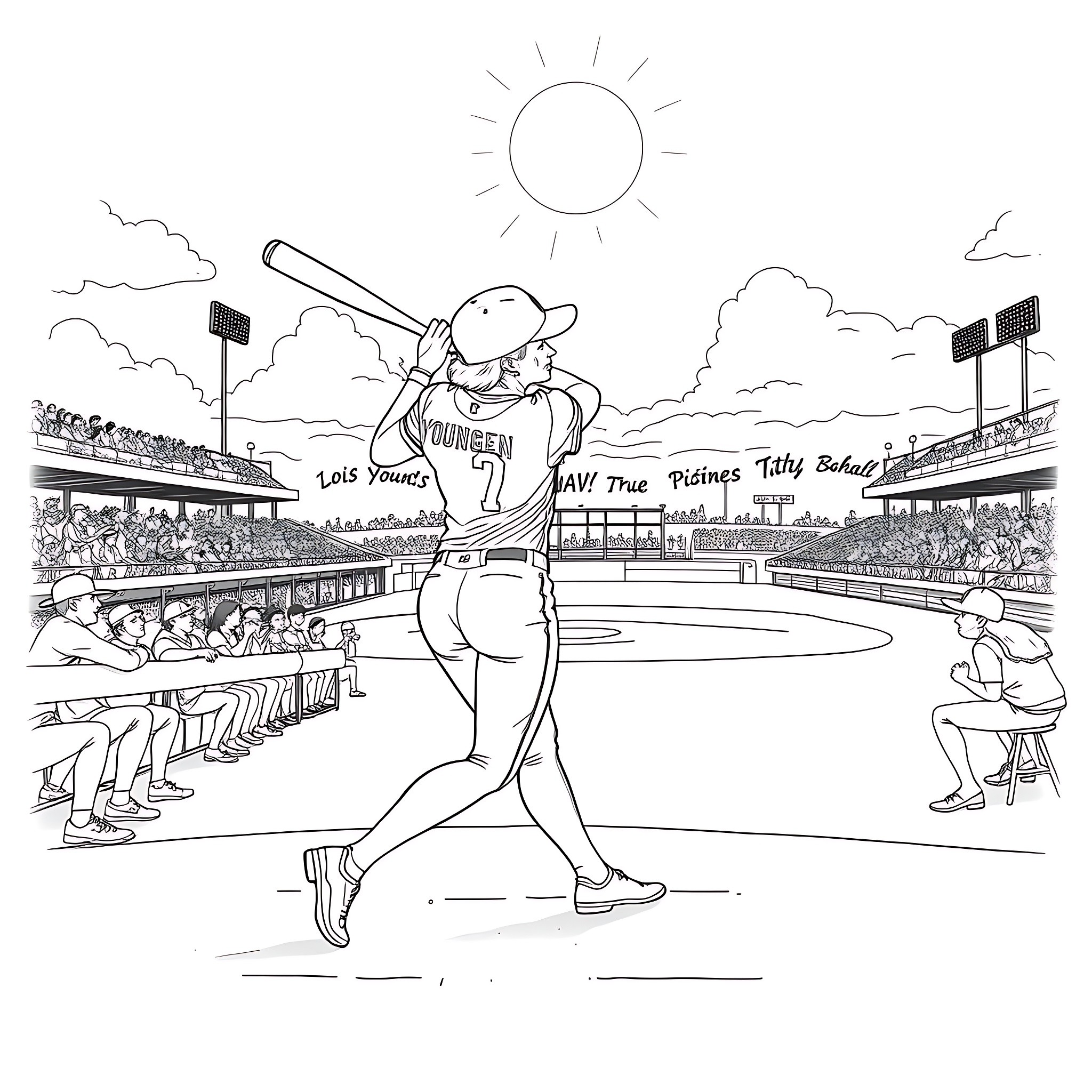 Lois Youngen batting in a baseball game Coloring Page (free black-and-white line drawing printable PDF for all, from beginners to advanced learners, including children, teens, adults, and seniors)