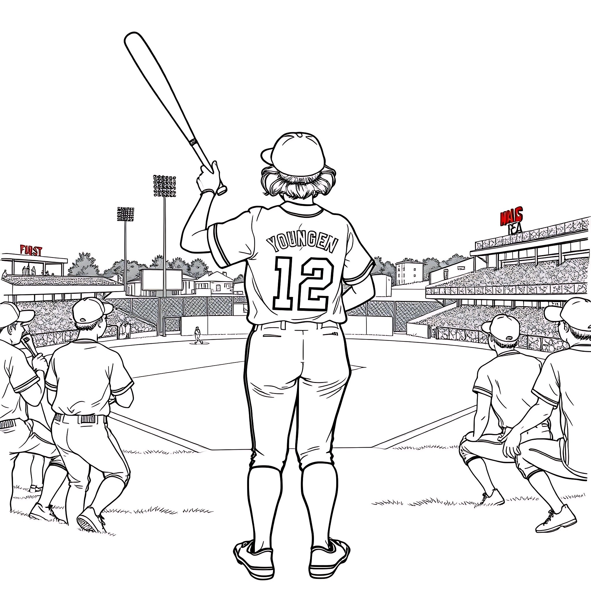 Lois Youngen playing baseball in the stadium Coloring Page (free black-and-white line drawing printable PDF for all, from beginners to advanced learners, including children, teens, adults, and seniors)