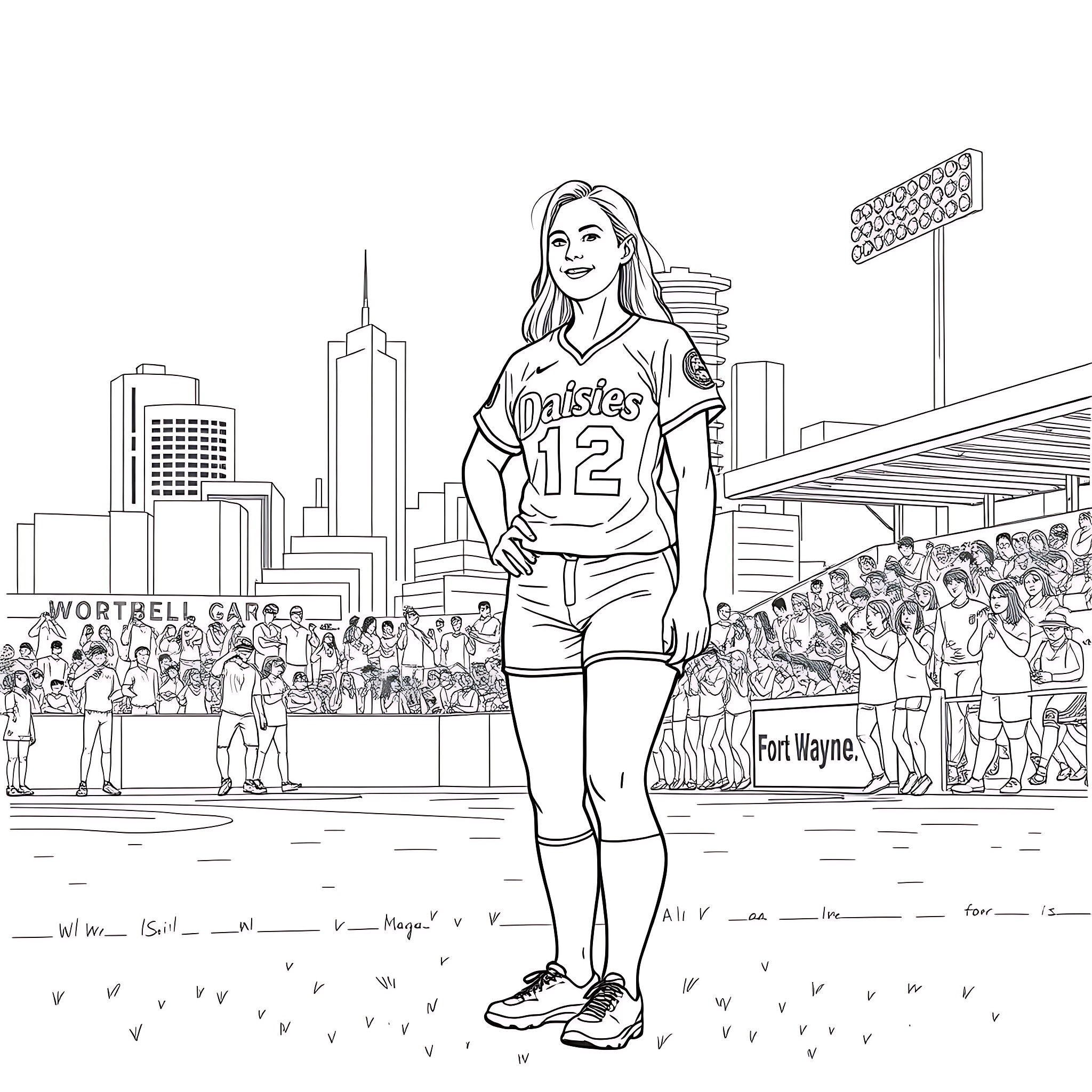 Daisy playing sports in the city stadium Coloring Page (free black-and-white line drawing printable PDF for all, from beginners to advanced learners, including children, teens, adults, and seniors)