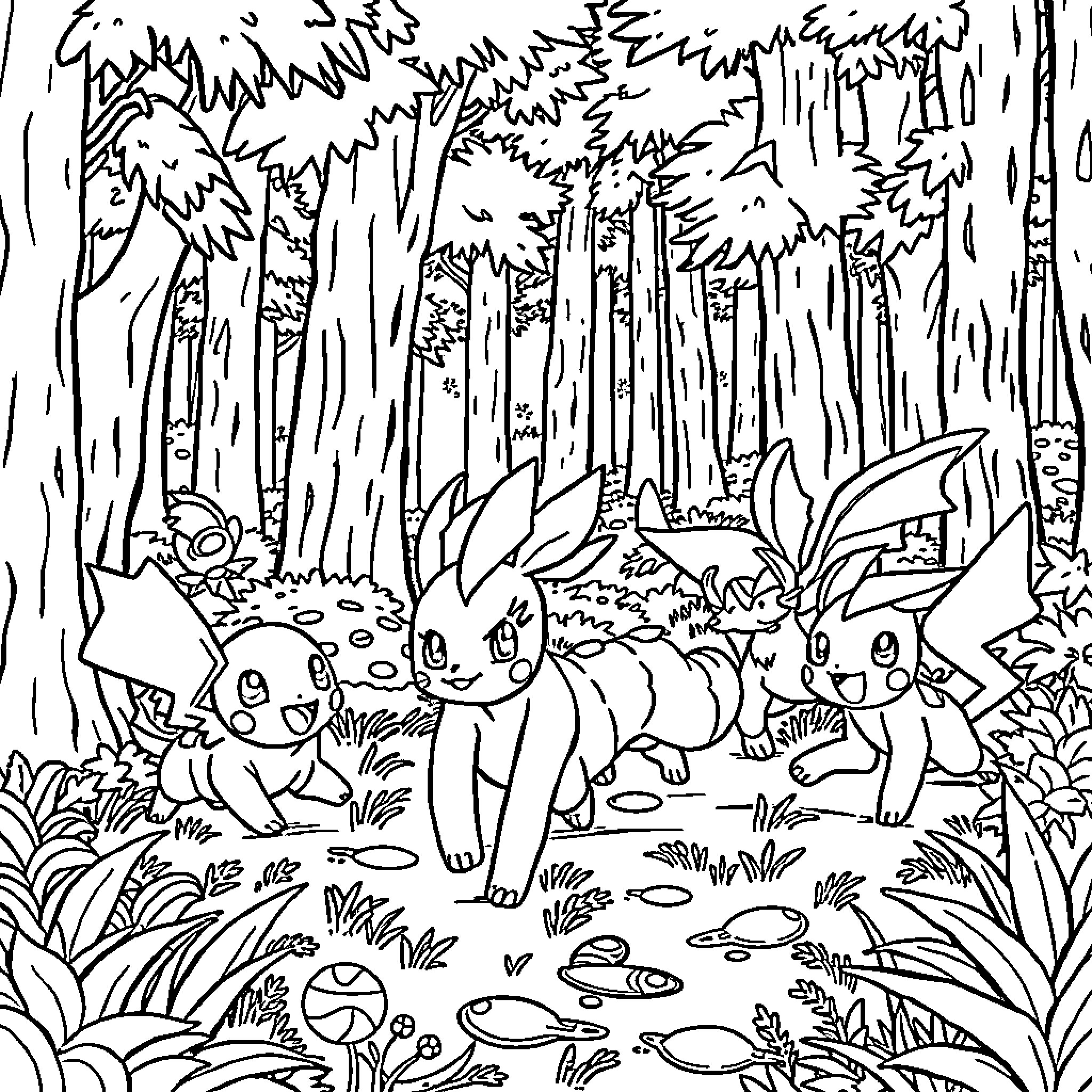 Pokémon characters exploring the forest Coloring Page (free black-and-white line drawing printable PDF for all, from beginners to advanced learners, including children, teens, adults, and seniors)