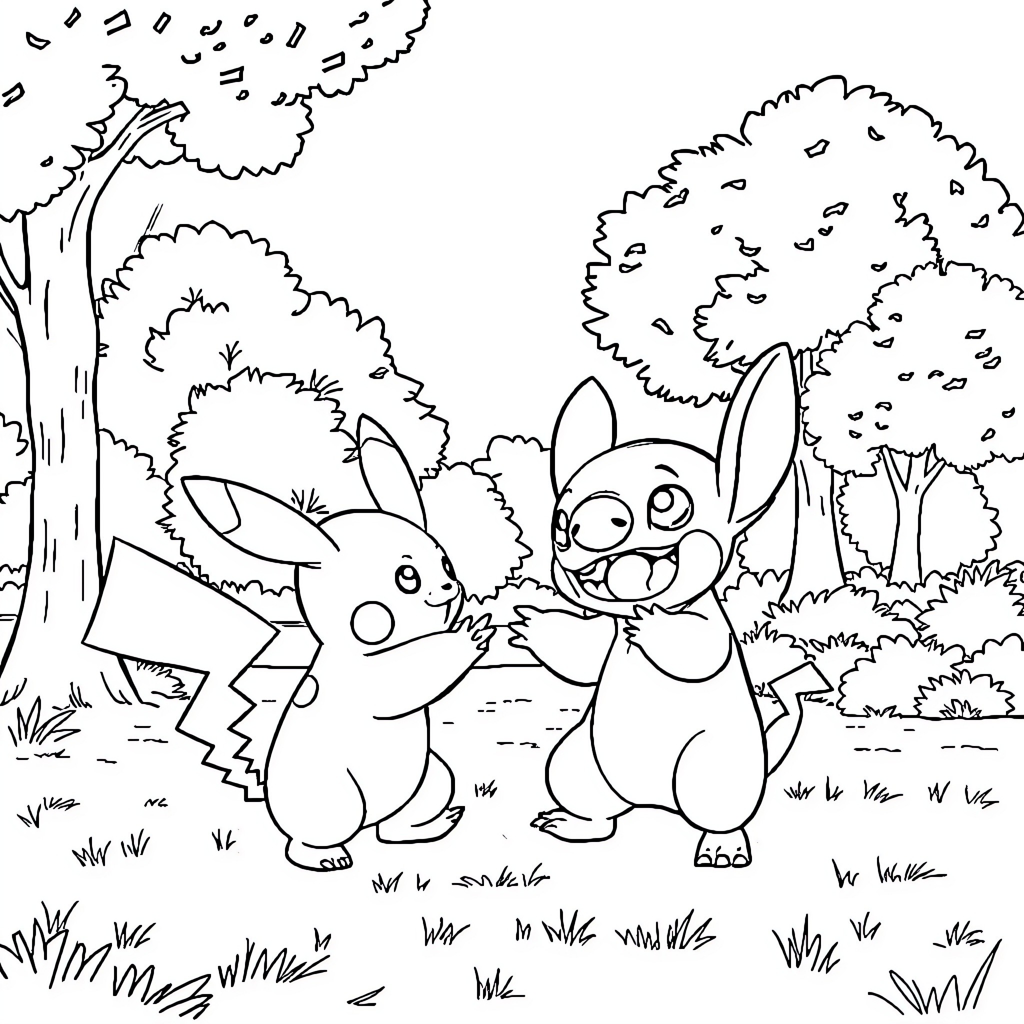 Pikachu and friends explore the forest Coloring Page (free black-and-white line drawing printable PDF for all, from beginners to advanced learners, including children, teens, adults, and seniors)
