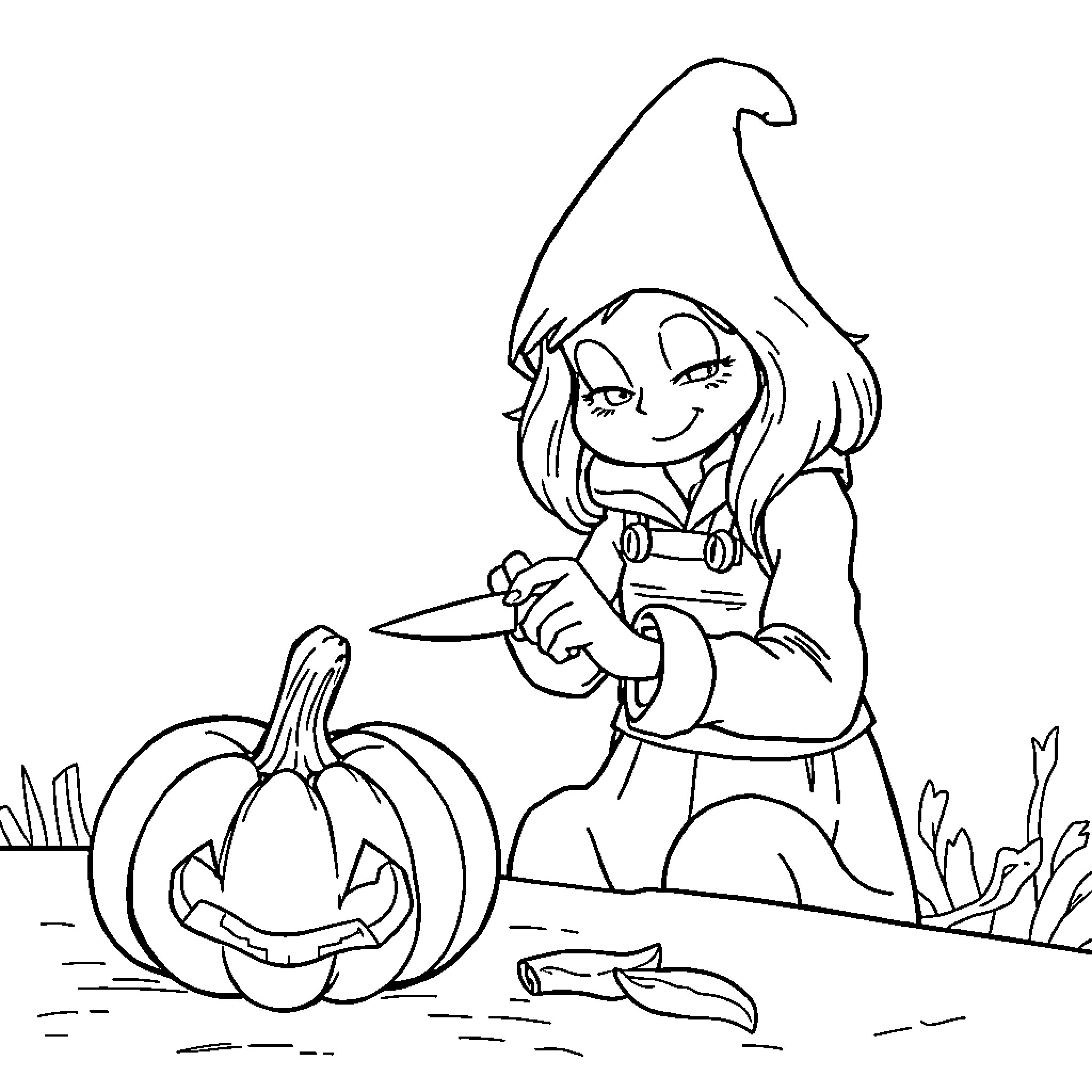 Pumpkin carving fun with a smiling girl Coloring Page (free black-and-white line drawing printable PDF for all, from beginners to advanced learners, including children, teens, adults, and seniors)