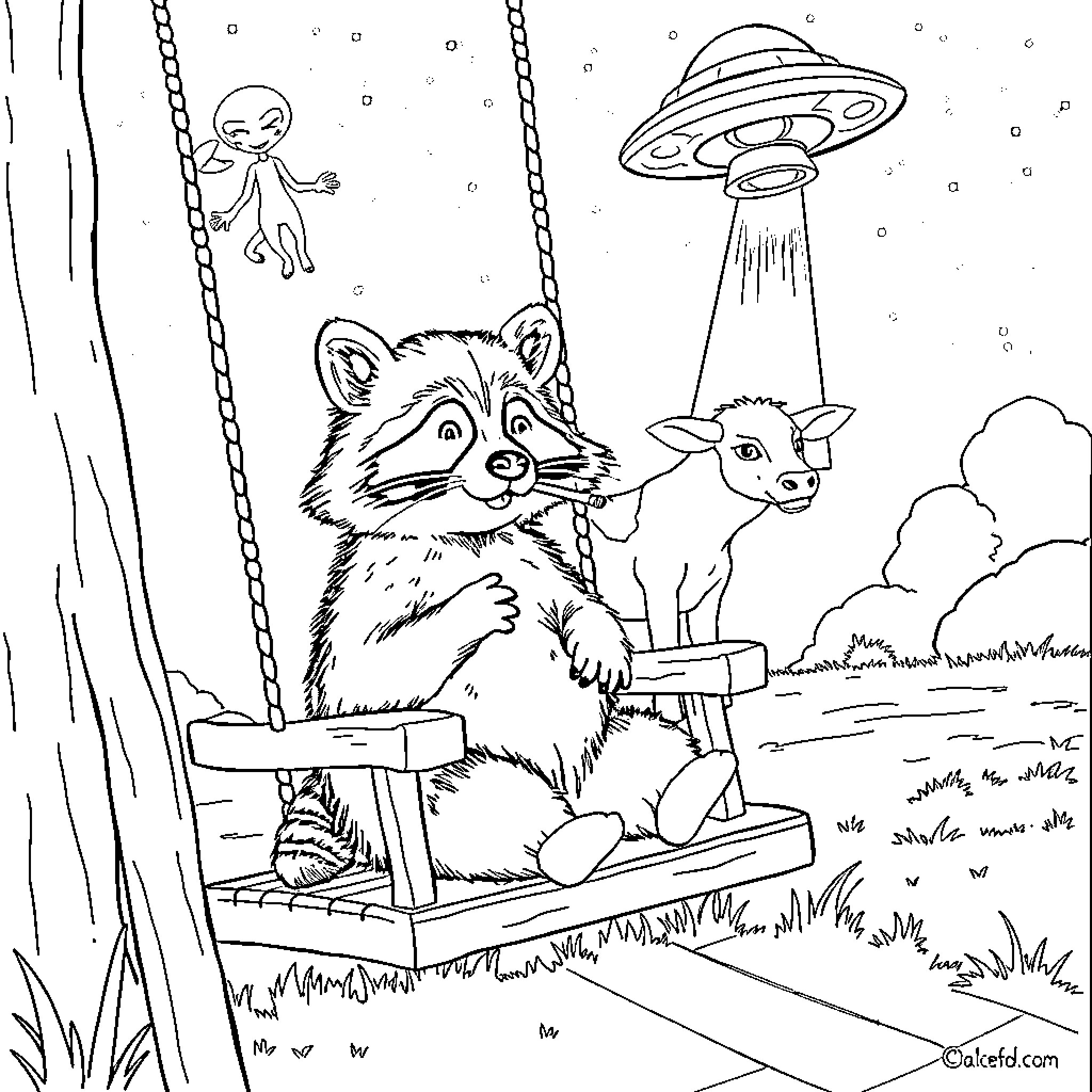 Raccoon and alien encounter in the forest Coloring Page (free black-and-white line drawing printable PDF for all, from beginners to advanced learners, including children, teens, adults, and seniors)