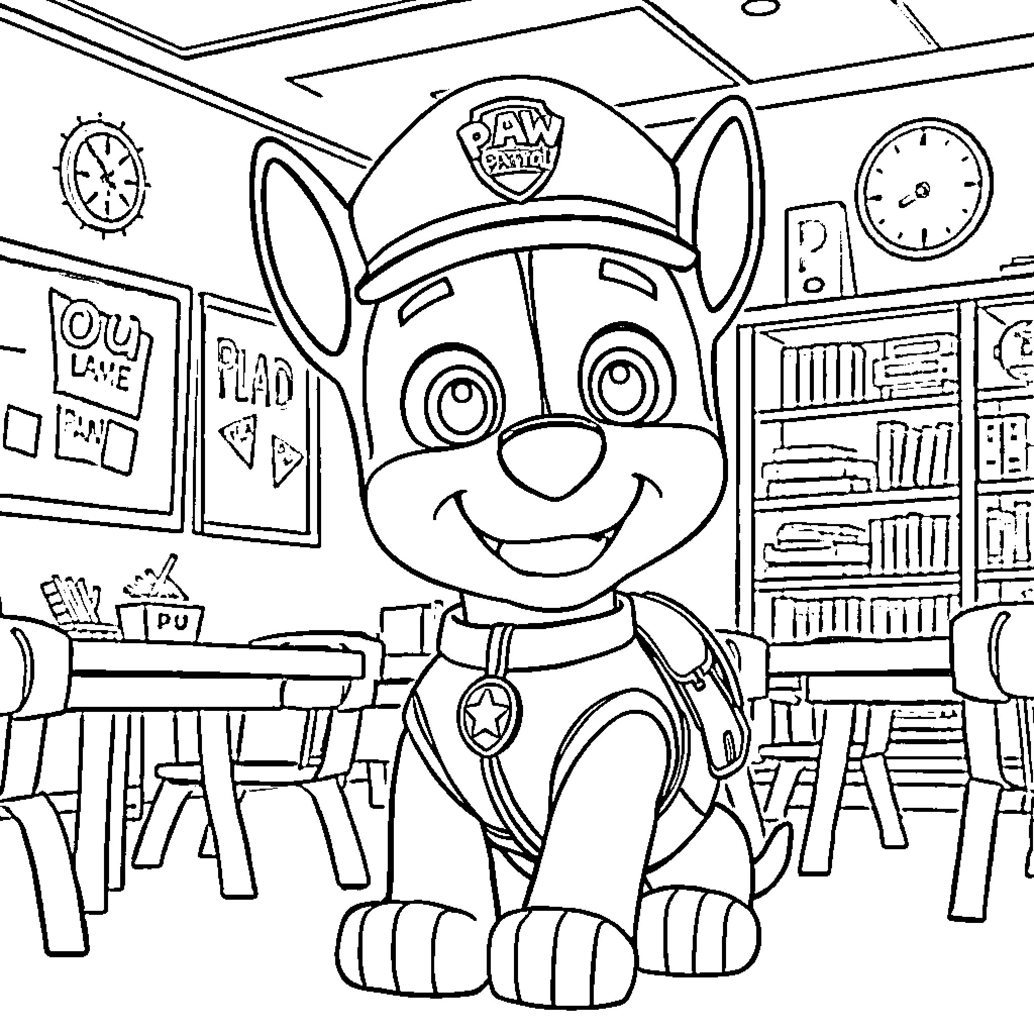 Chase the Paw Patrol Pup's Adventure Coloring Page (free black-and-white line drawing printable PDF for all, from beginners to advanced learners, including children, teens, adults, and seniors)