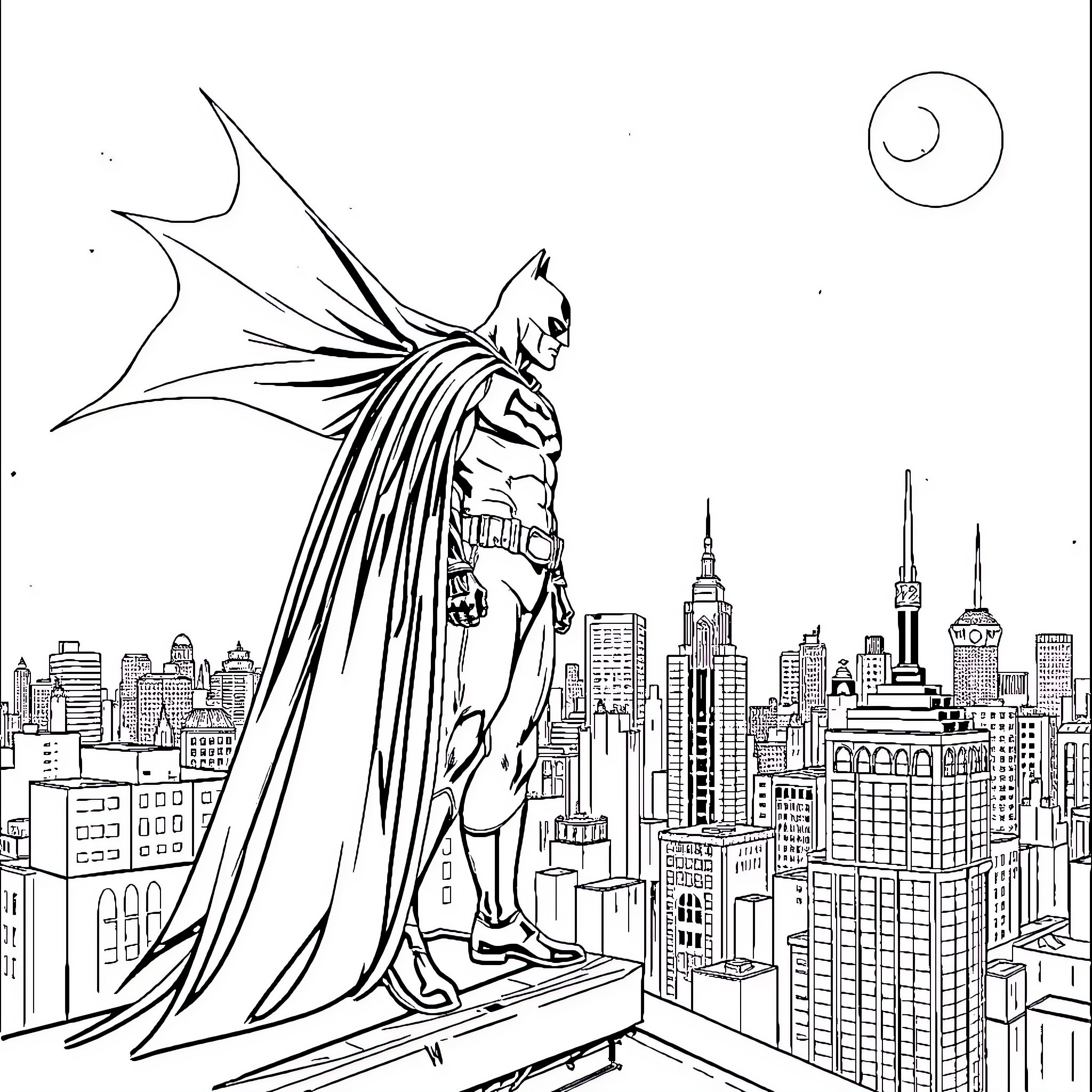 Batman overlooking the city in dark night Coloring Page (free black-and-white line drawing printable PDF for all, from beginners to advanced learners, including children, teens, adults, and seniors)