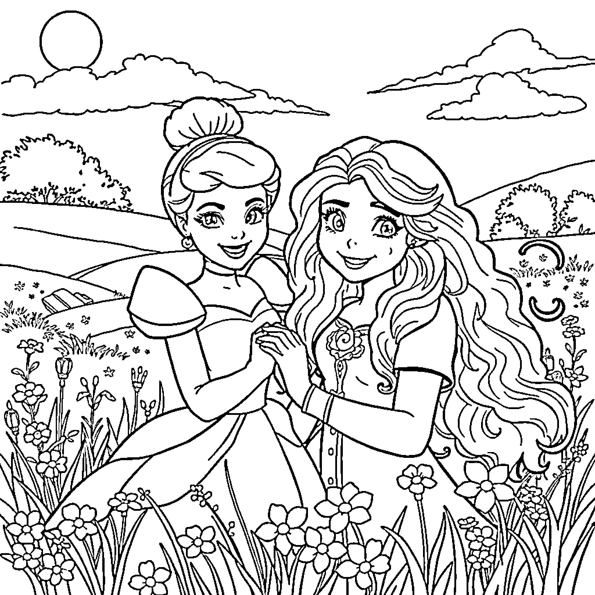 Cinderella and her friend enjoying a serene outdoor scene Coloring Page (free black-and-white line drawing printable PDF for all, from beginners to advanced learners, including children, teens, adults, and seniors)