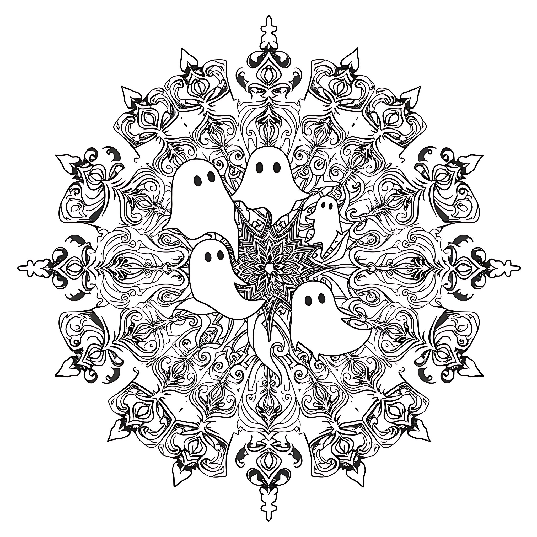 Ghost friends dancing in a magical floral mandala Coloring Page (free black-and-white line drawing printable PDF for all, from beginners to advanced learners, including children, teens, adults, and seniors)