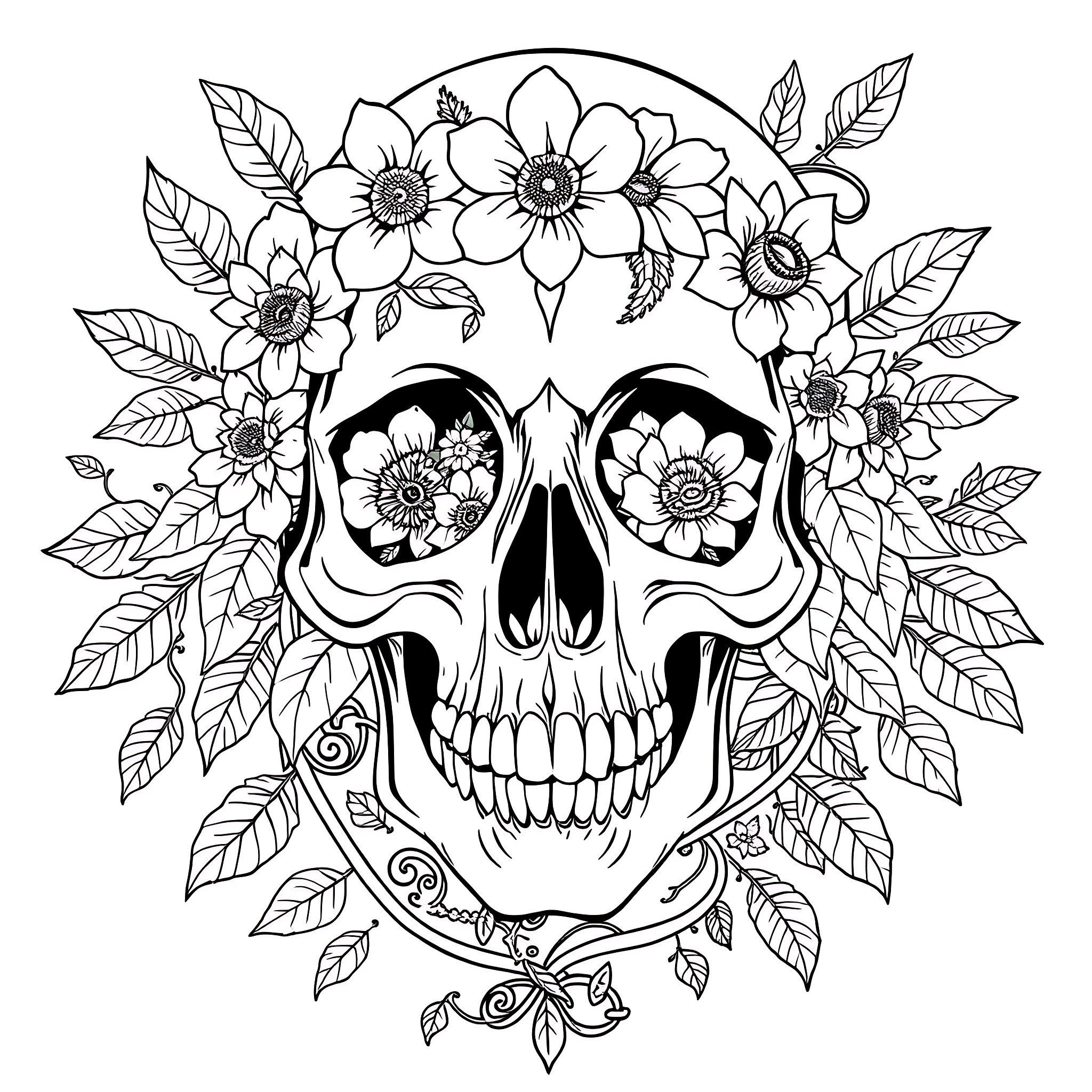 Skull with floral wreath and foliage Coloring Page (free black-and-white line drawing printable PDF for all, from beginners to advanced learners, including children, teens, adults, and seniors)