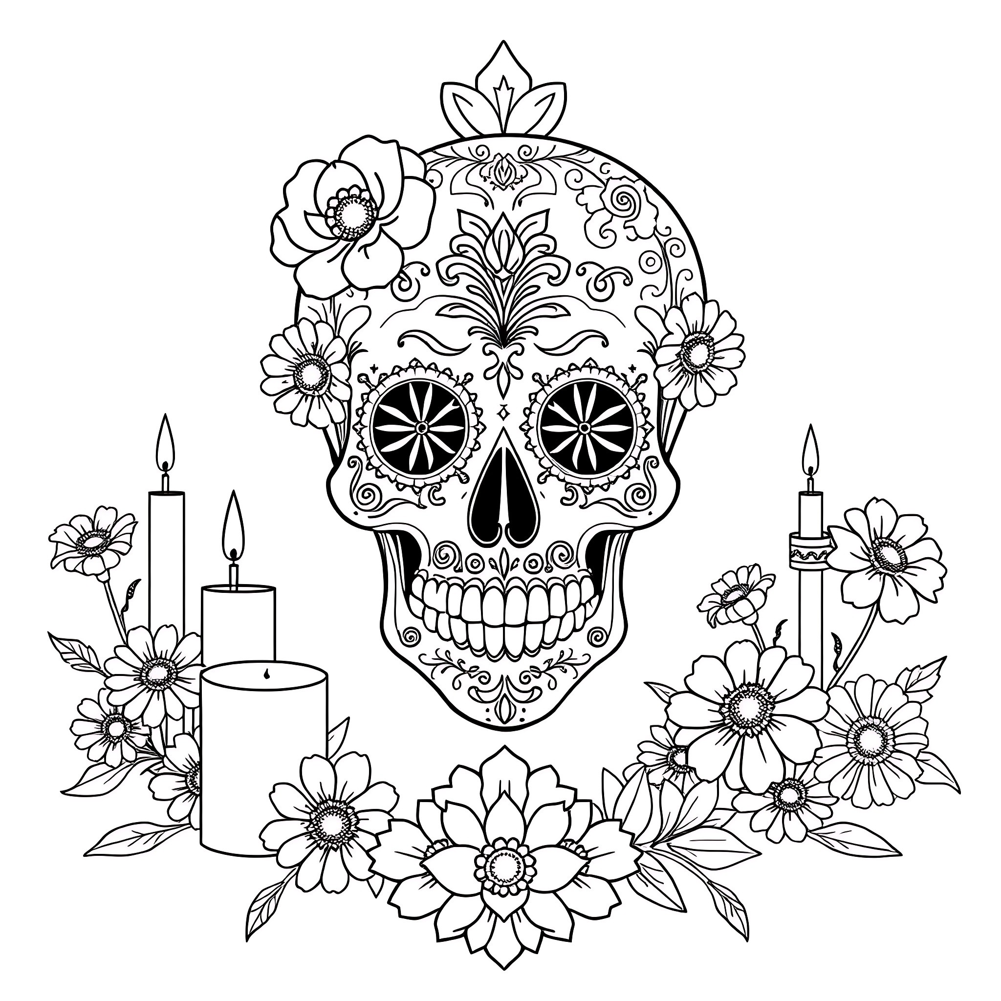 Skull decorated with floral patterns and candles Coloring Page (free black-and-white line drawing printable PDF for all, from beginners to advanced learners, including children, teens, adults, and seniors)