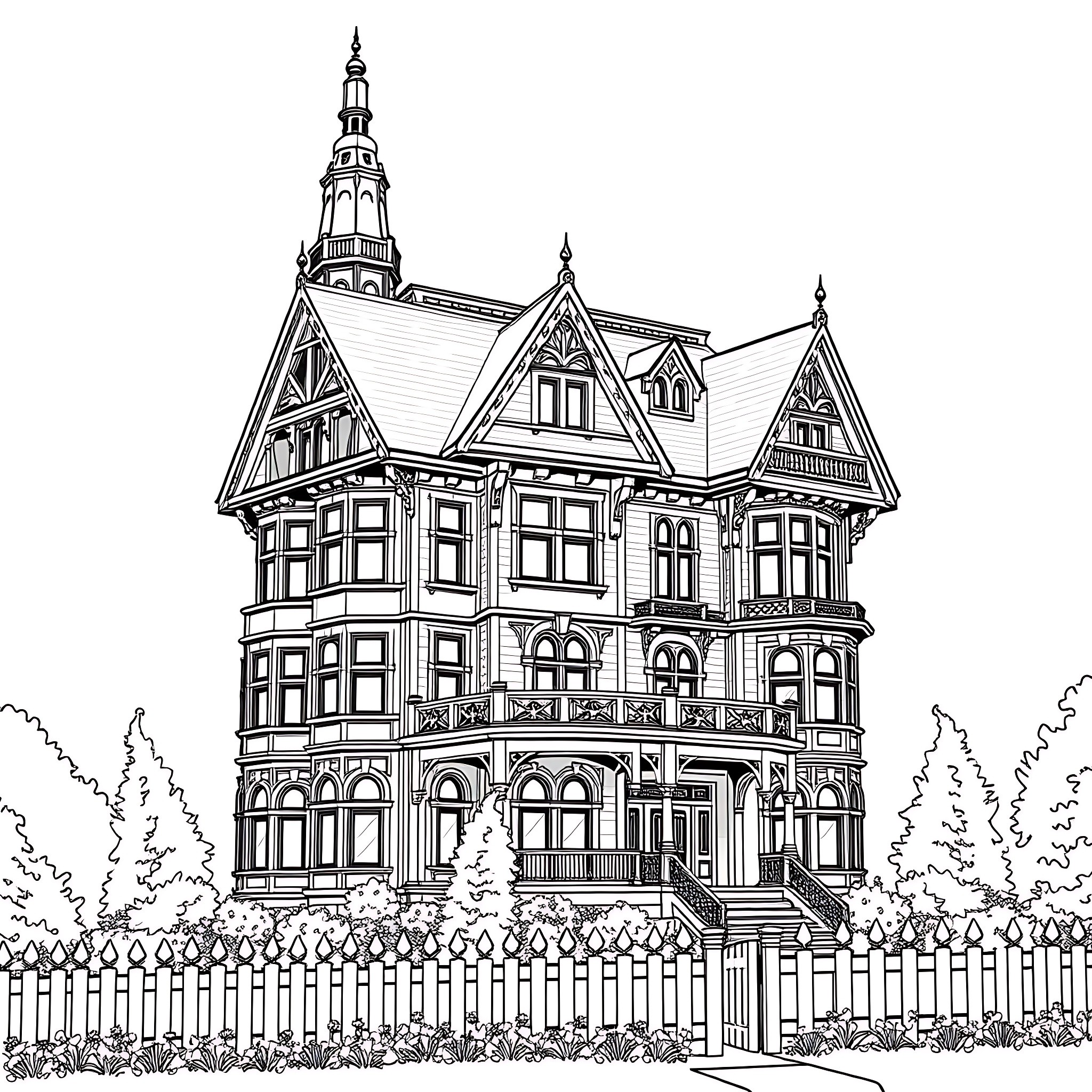 Home with ornate Victorian architectural design Coloring Page (free black-and-white line drawing printable PDF for all, from beginners to advanced learners, including children, teens, adults, and seniors)