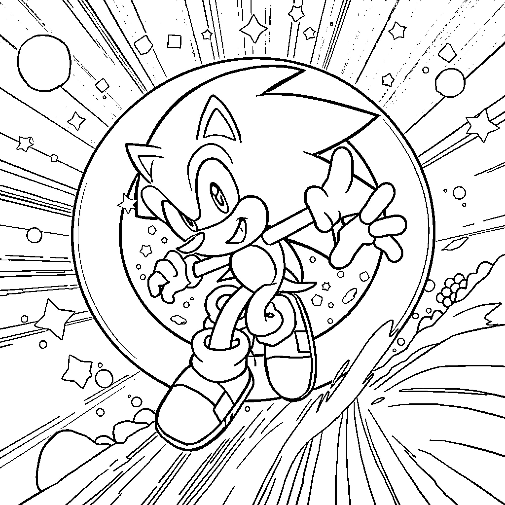 Sonic's Whimsical Adventure with Cosmic Elements Coloring Page (free black-and-white line drawing printable PDF for all, from beginners to advanced learners, including children, teens, adults, and seniors)