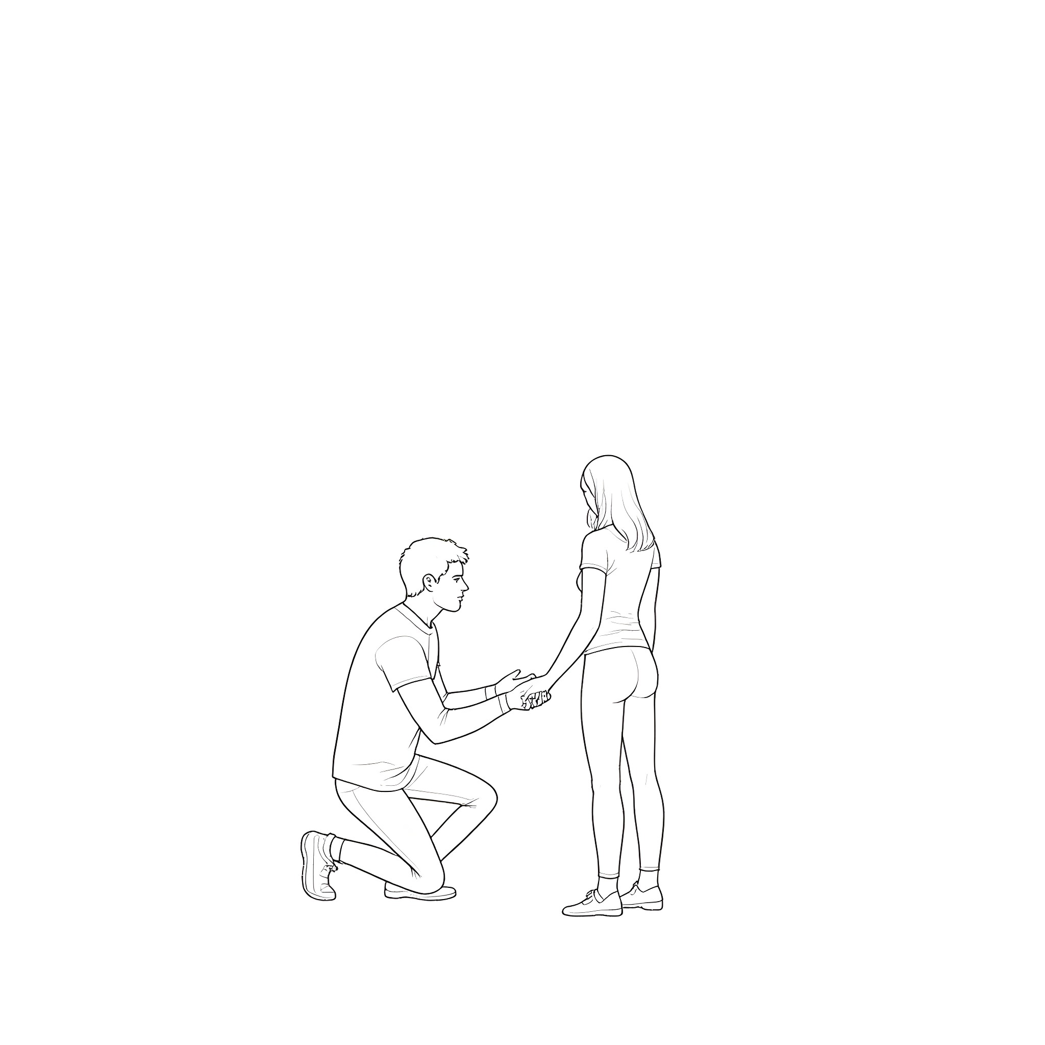 Man proposing marriage to woman Coloring Page (free black-and-white line drawing printable PDF for all, from beginners to advanced learners, including children, teens, adults, and seniors)