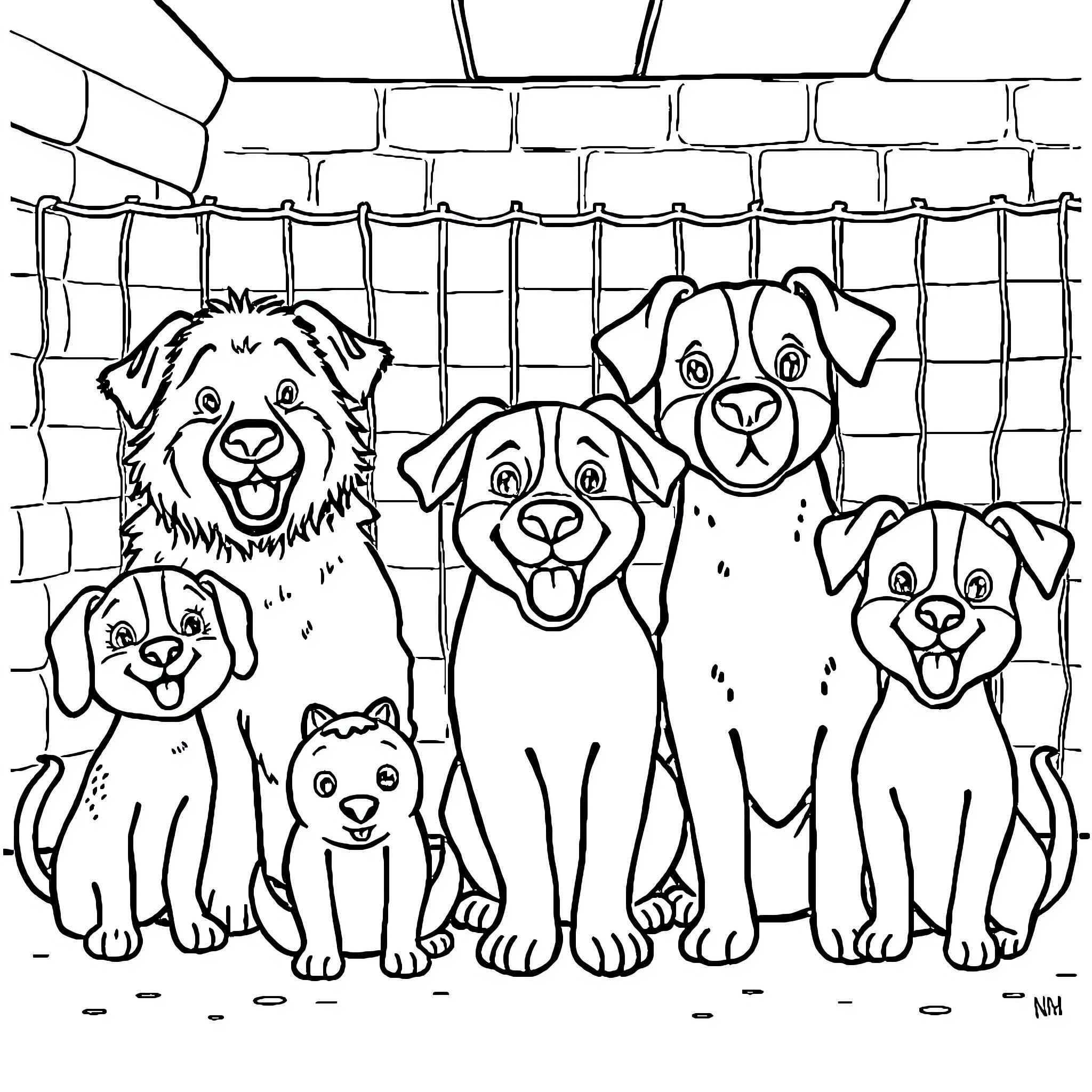 Animal Friends in Front of Wire Fence Coloring Page (free black-and-white line drawing printable PDF for all, from beginners to advanced learners, including children, teens, adults, and seniors)