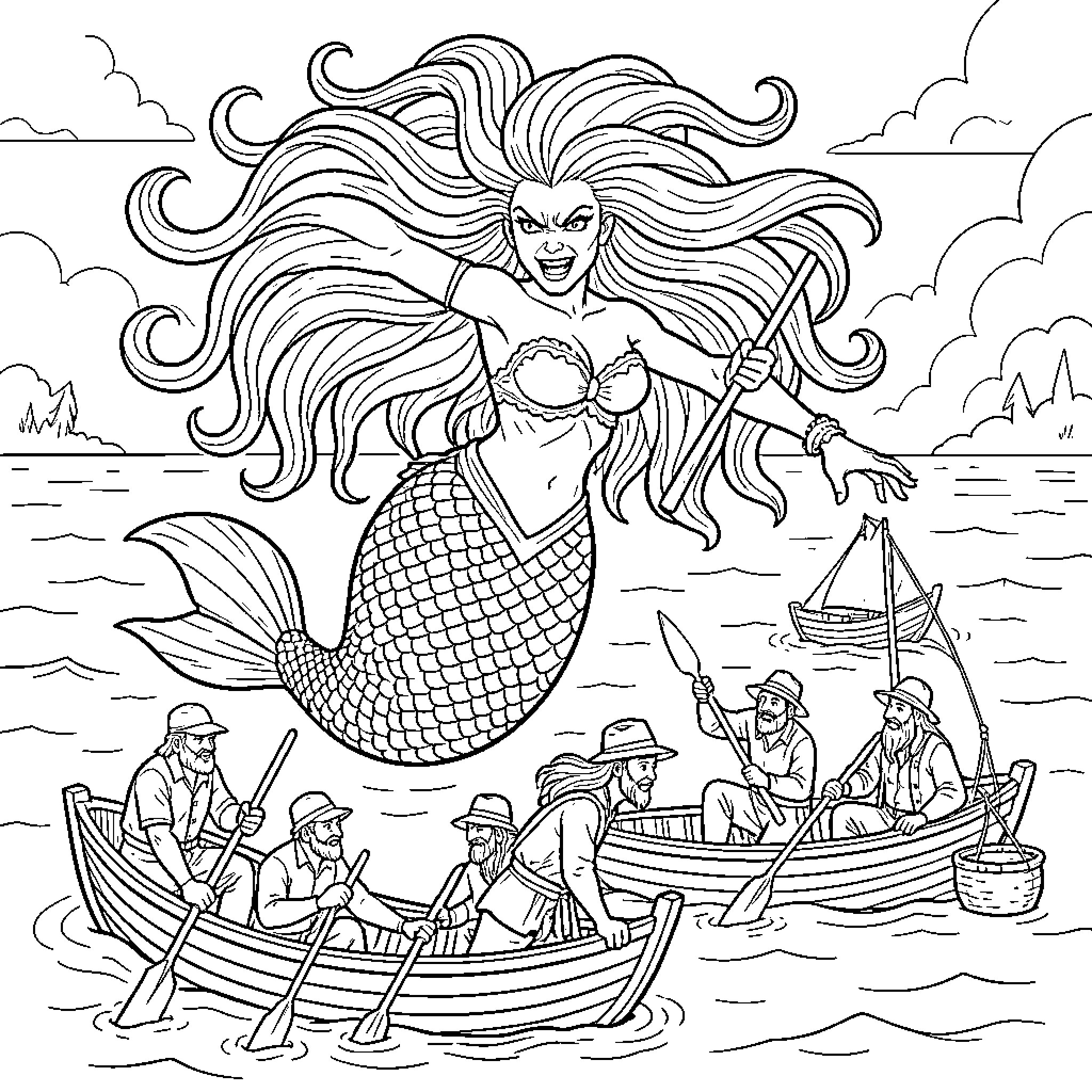 Mermaid enchanting sailors on the open sea Coloring Page (free black-and-white line drawing printable PDF for all, from beginners to advanced learners, including children, teens, adults, and seniors)