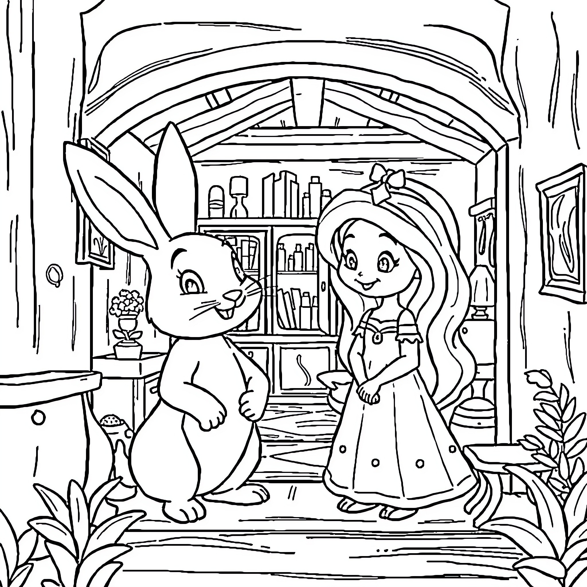 Rabbit and Girl in Charming Cottage Interior Coloring Page (free black-and-white line drawing printable PDF for all, from beginners to advanced learners, including children, teens, adults, and seniors)