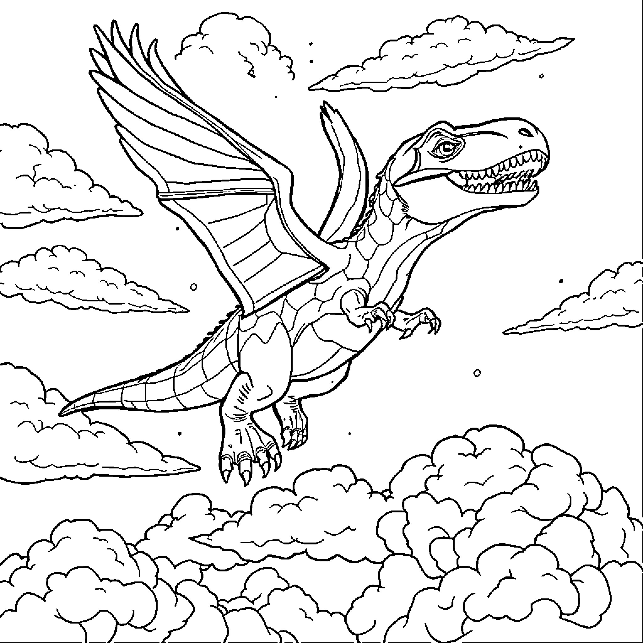Dinosaur soaring through cloudy skies Coloring Page (free black-and-white line drawing printable PDF for all, from beginners to advanced learners, including children, teens, adults, and seniors)