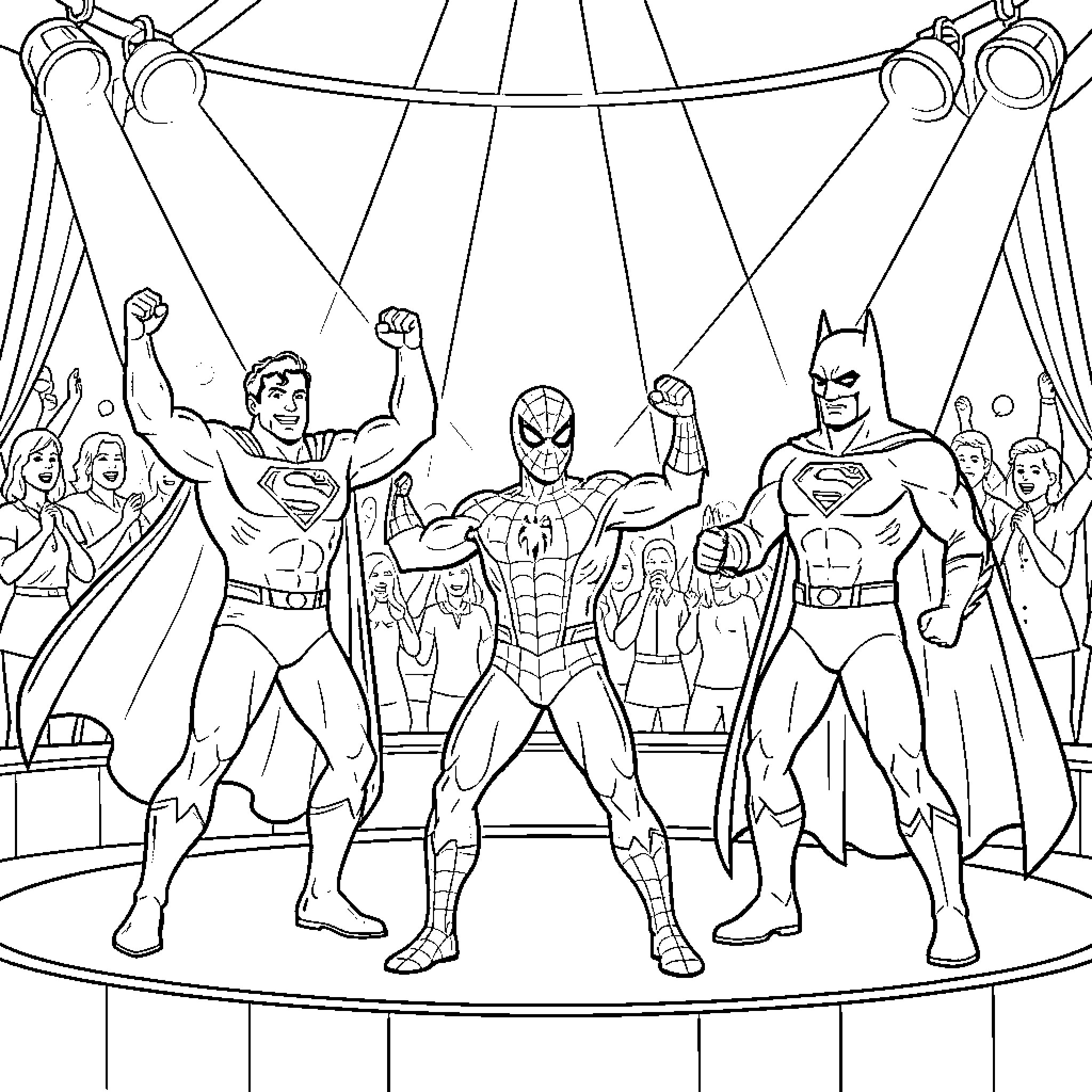 Superheroes in Action at the Circus Coloring Page (free black-and-white line drawing printable PDF for all, from beginners to advanced learners, including children, teens, adults, and seniors)