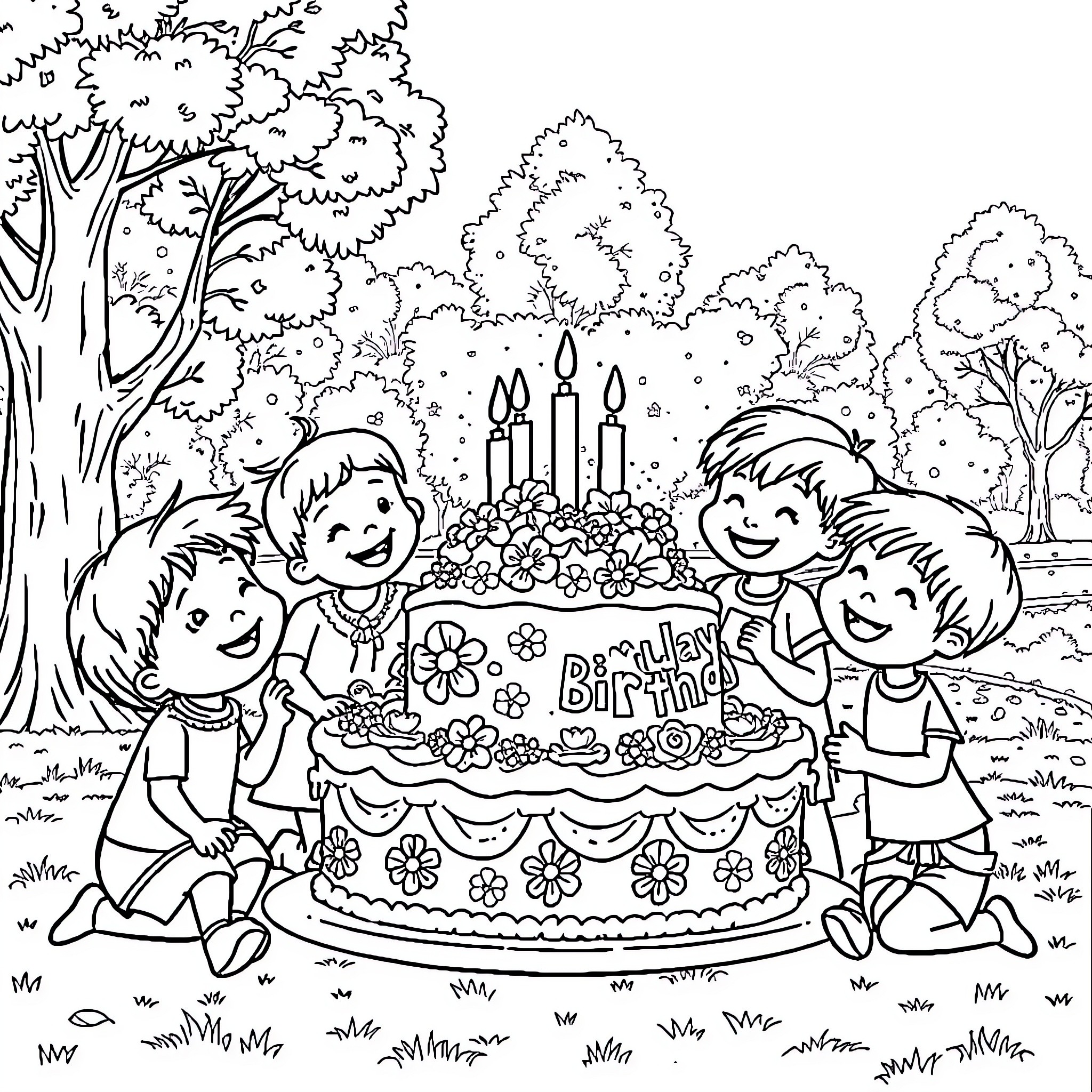 Child's Birthday Party in the Forest Coloring Page (free black-and-white line drawing printable PDF for all, from beginners to advanced learners, including children, teens, adults, and seniors)