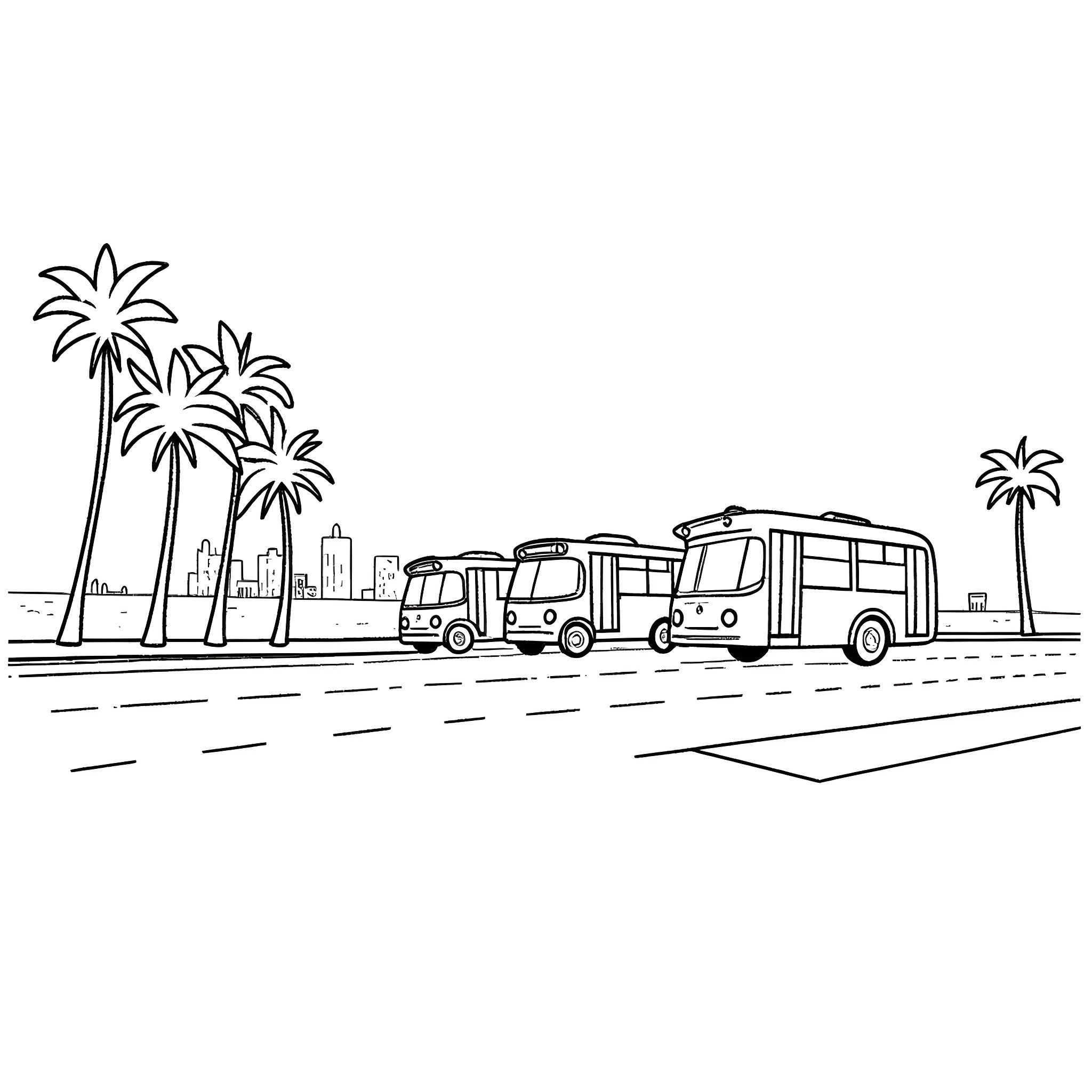 Bus transporting passengers through city with palm trees Coloring Page (free black-and-white line drawing printable PDF for all, from beginners to advanced learners, including children, teens, adults, and seniors)