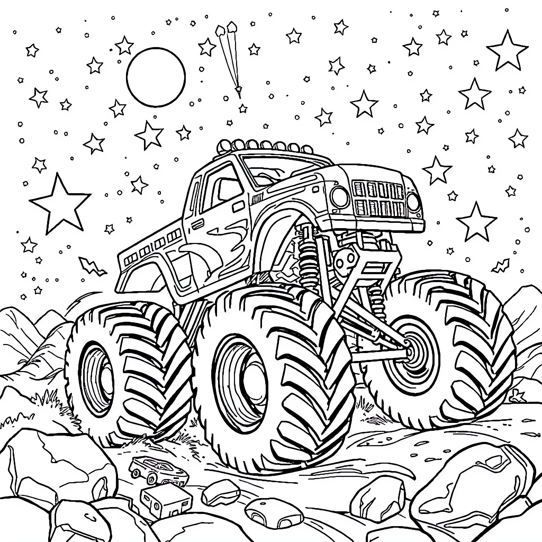 Monster Truck racing through the night sky with stars Coloring Page (free black-and-white line drawing printable PDF for all, from beginners to advanced learners, including children, teens, adults, and seniors)