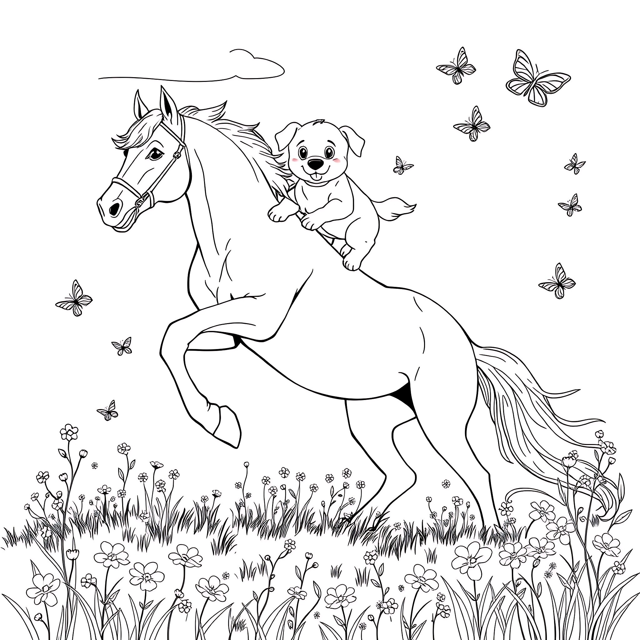 Puppy Playing with Horse in a Meadow Coloring Page (free black-and-white line drawing printable PDF for all, from beginners to advanced learners, including children, teens, adults, and seniors)