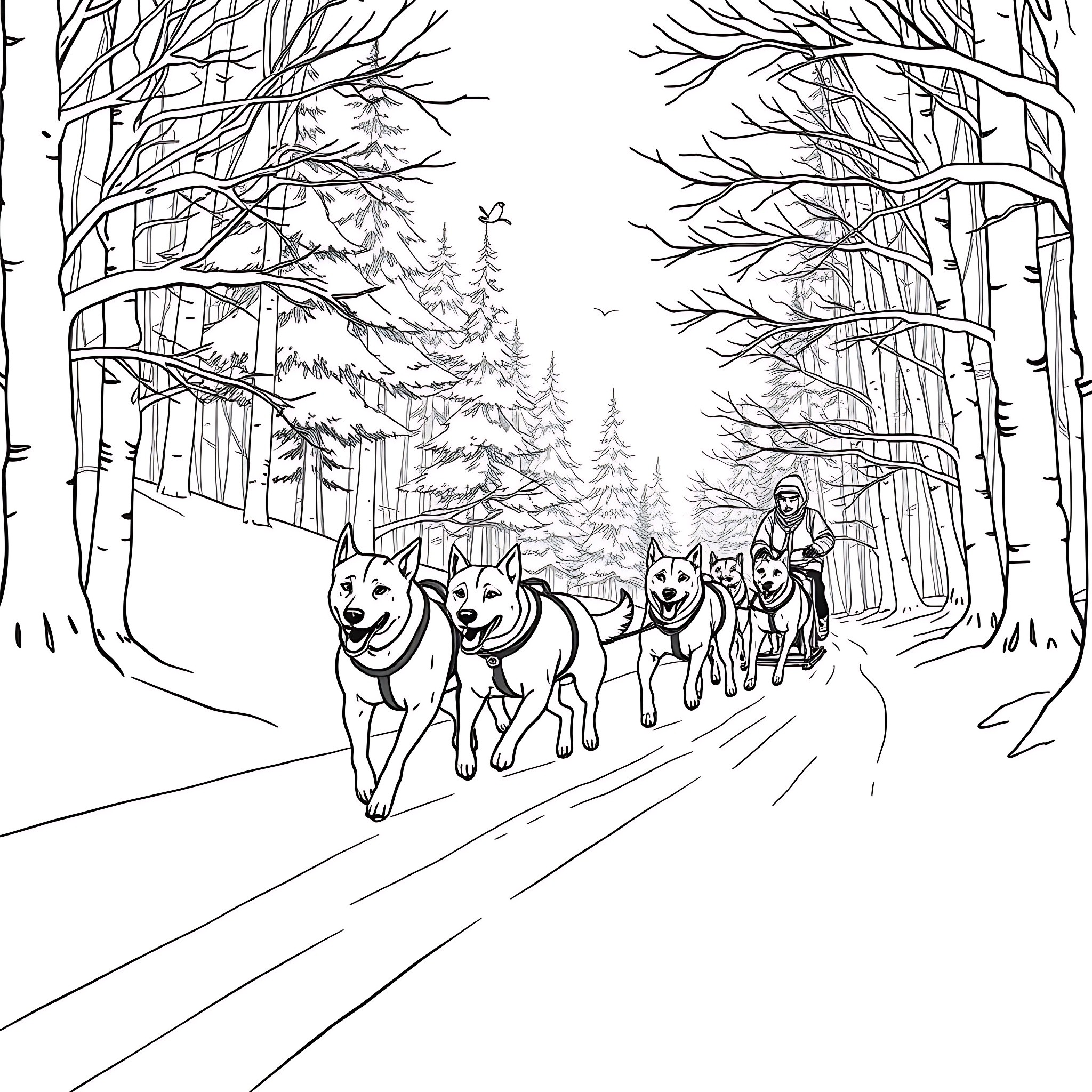 Dogs Pulling Sled Through Snowy Forest Coloring Page (free black-and-white line drawing printable PDF for all, from beginners to advanced learners, including children, teens, adults, and seniors)