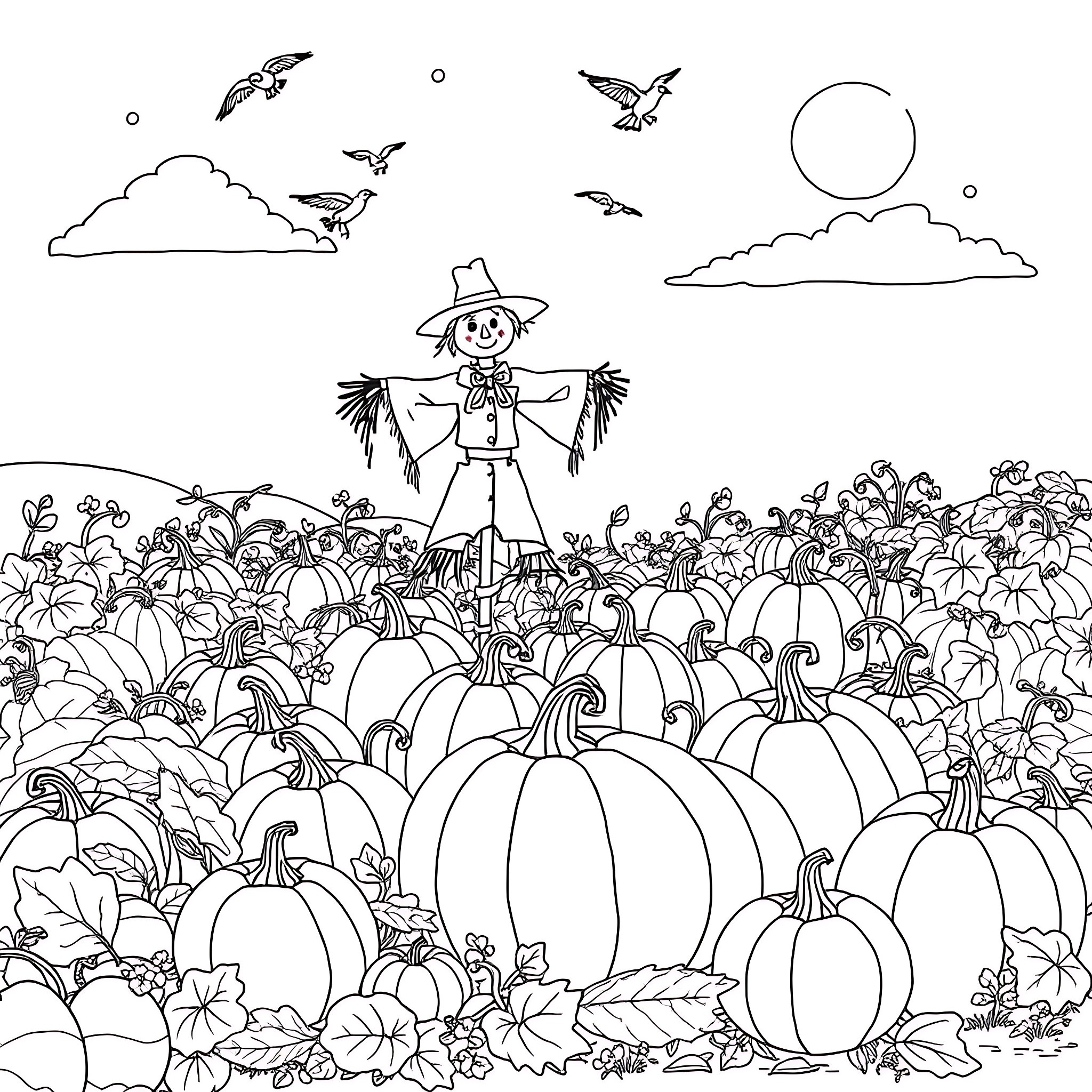 Pumpkin Patch with Scarecrow and Birds Coloring Page (free black-and-white line drawing printable PDF for all, from beginners to advanced learners, including children, teens, adults, and seniors)