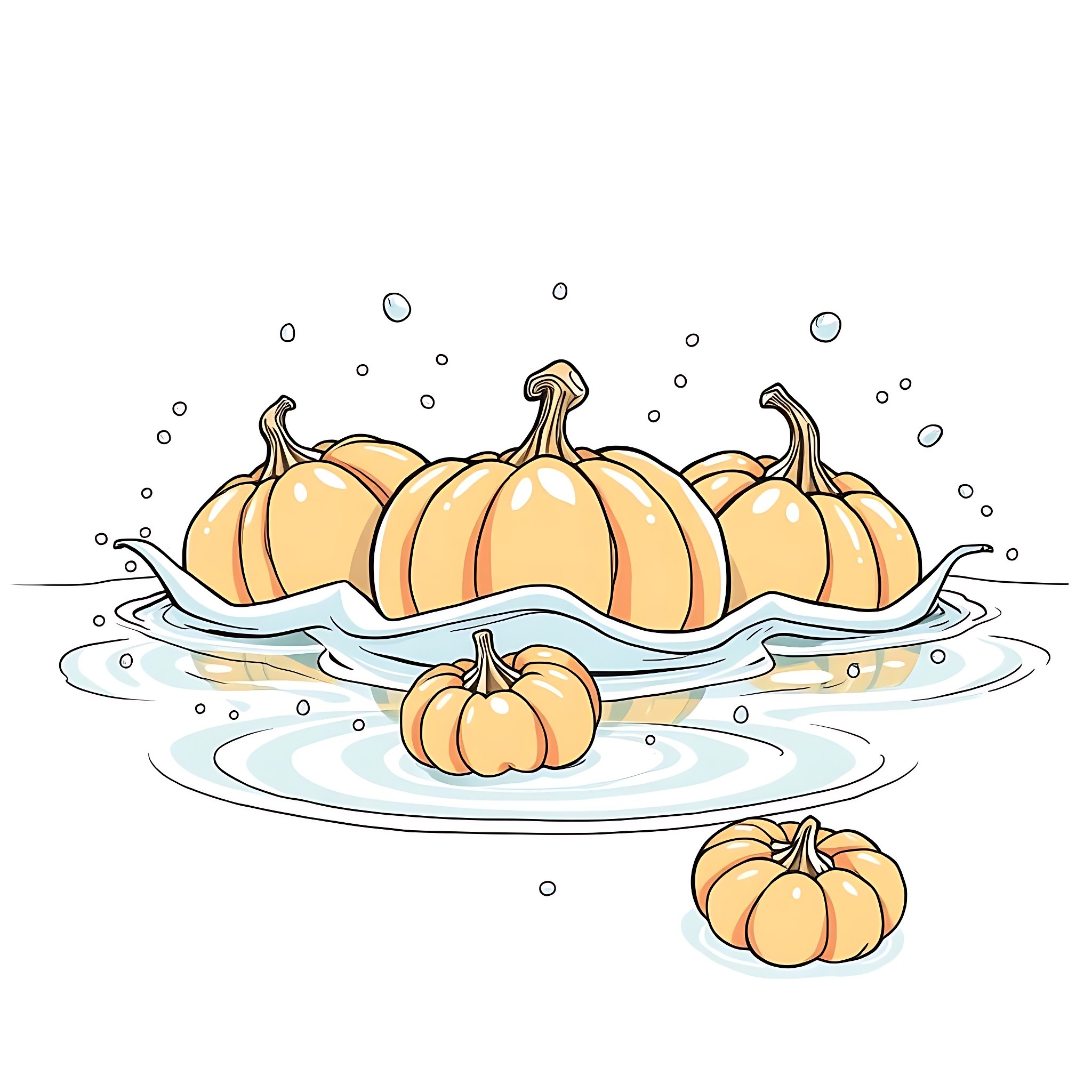 Pumpkins floating gracefully in a tranquil scene Coloring Page (free black-and-white line drawing printable PDF for all, from beginners to advanced learners, including children, teens, adults, and seniors)