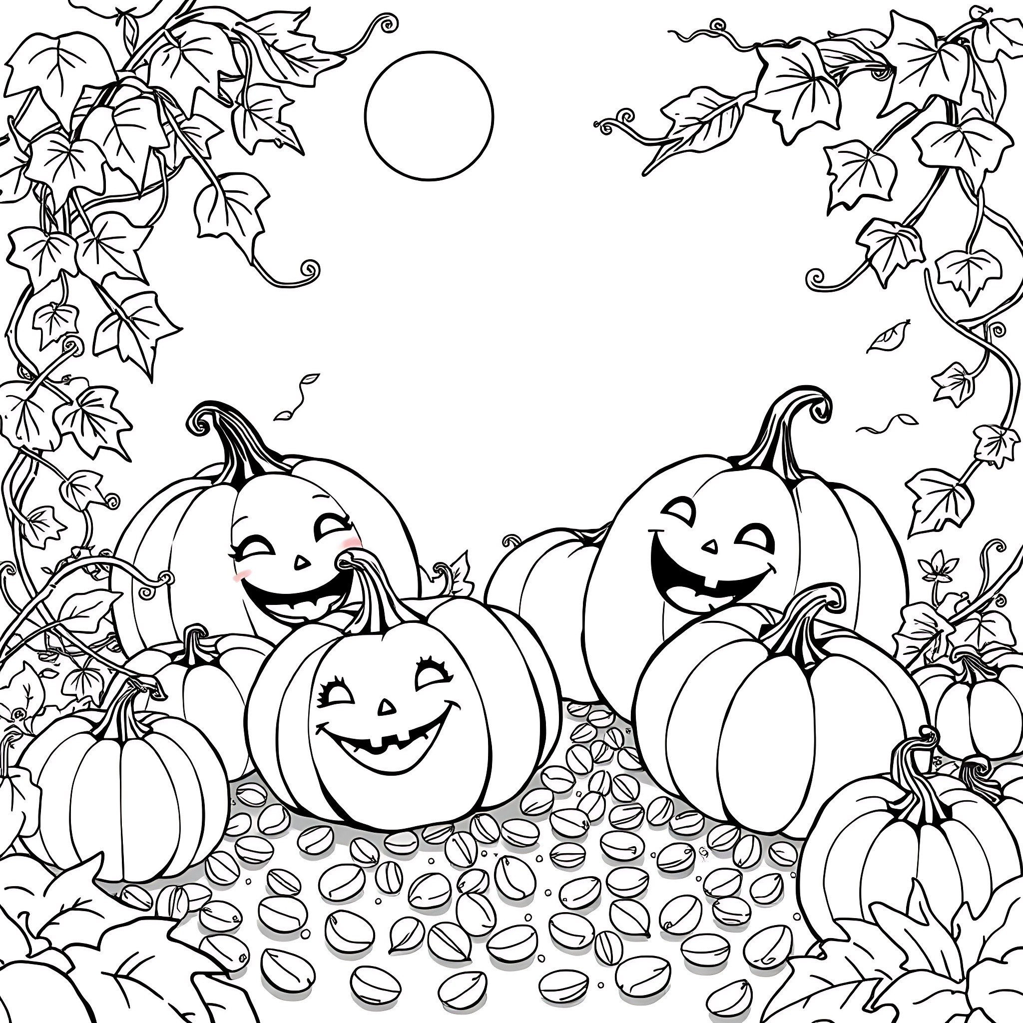 Pumpkins with smiling faces in fall foliage Coloring Page (free black-and-white line drawing printable PDF for all, from beginners to advanced learners, including children, teens, adults, and seniors)