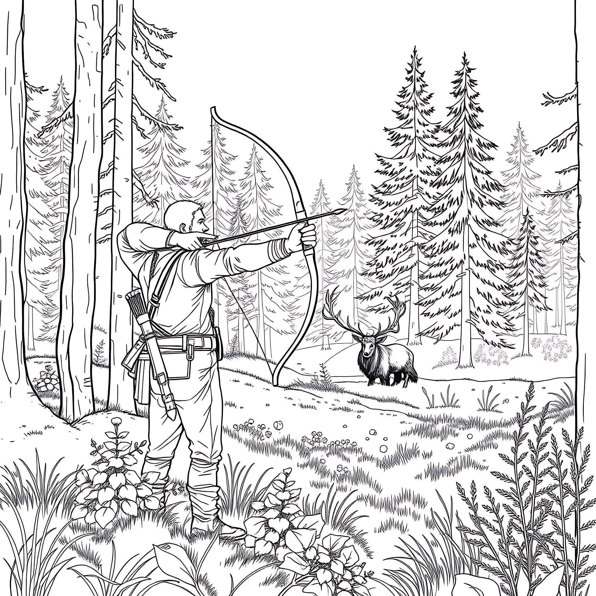 Elk Hunter Aiming Bow in Forested Landscape Coloring Page (free black-and-white line drawing printable PDF for all, from beginners to advanced learners, including children, teens, adults, and seniors)