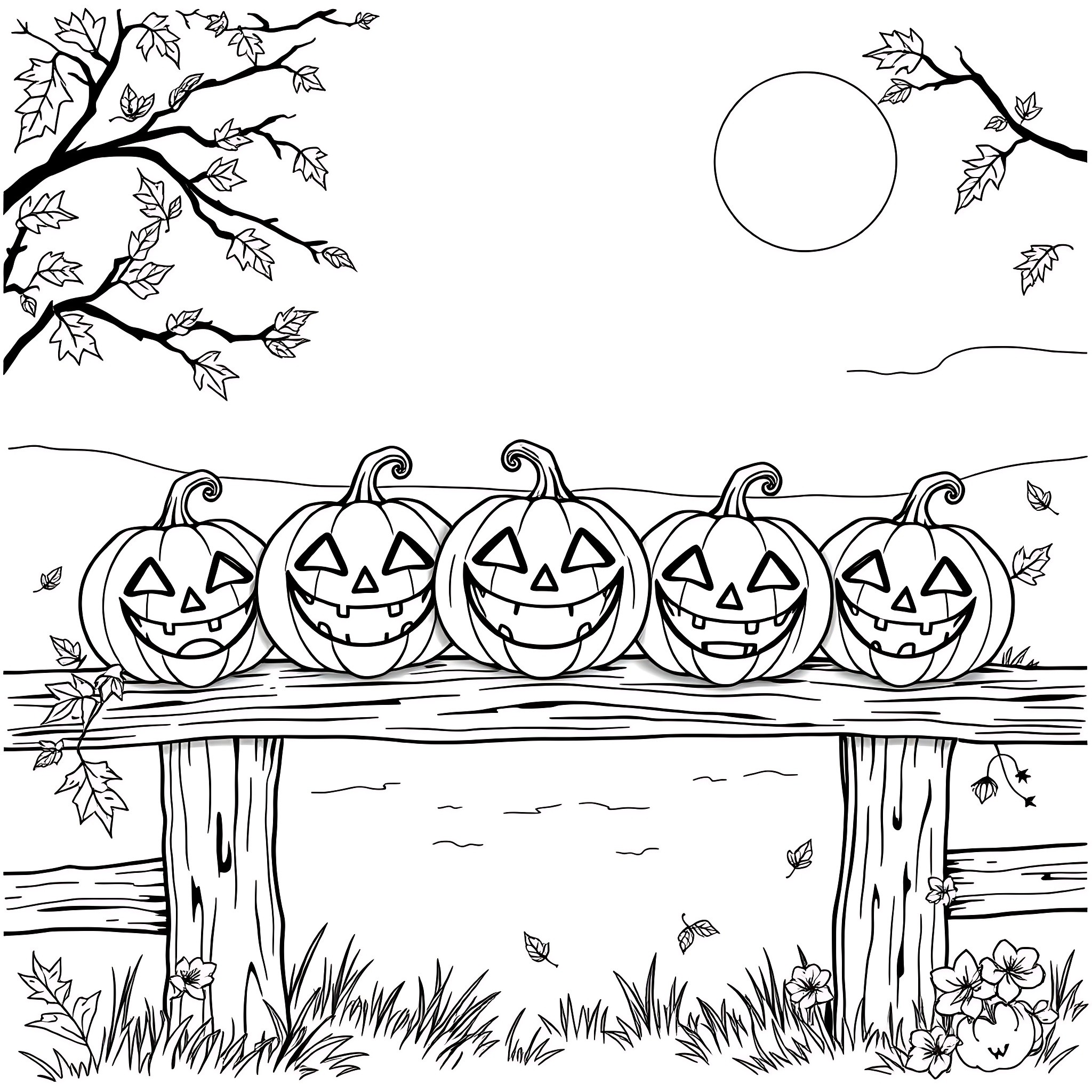 Pumpkins lined up on a wooden bench in an autumn landscape Coloring Page (free black-and-white line drawing printable PDF for all, from beginners to advanced learners, including children, teens, adults, and seniors)