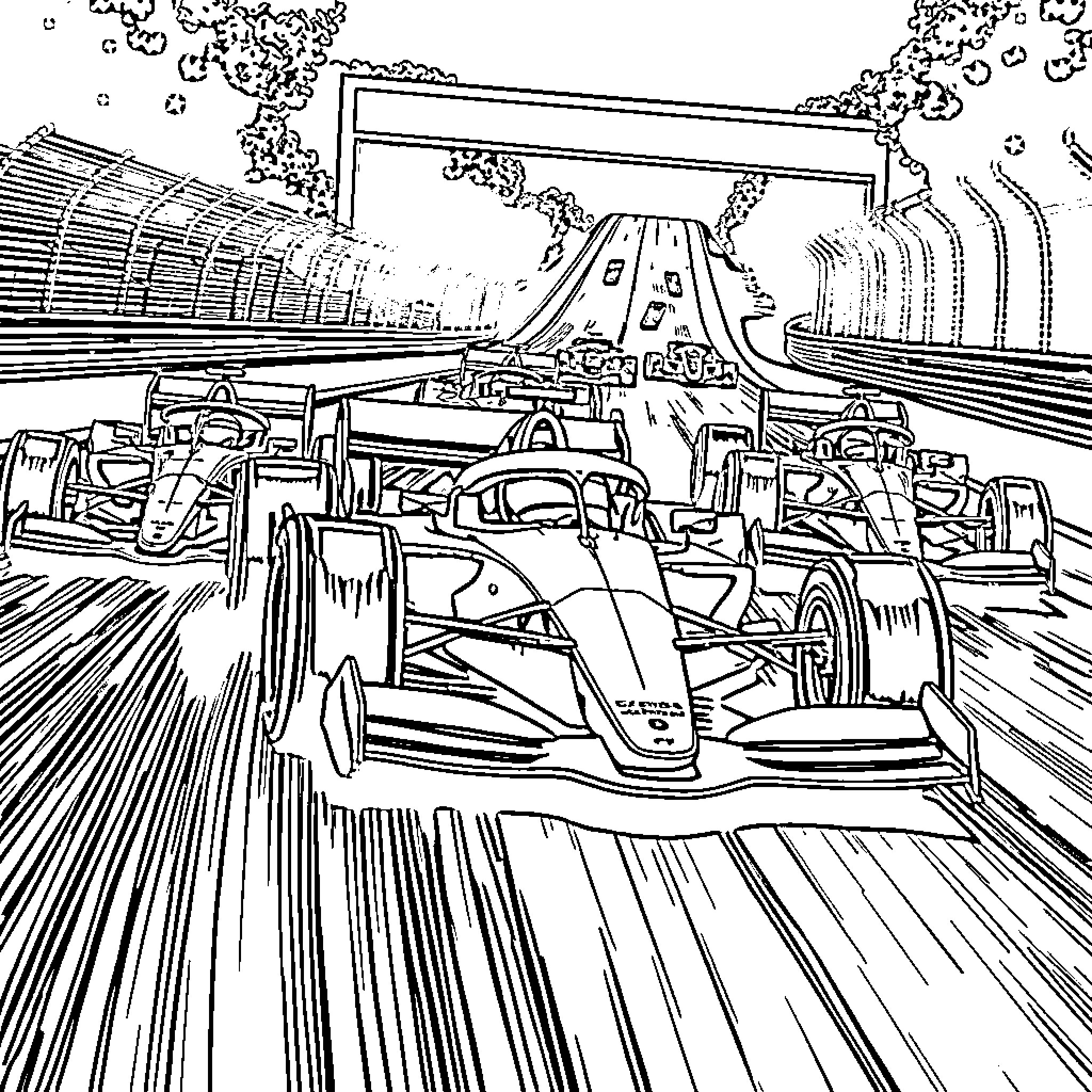 Formula 1 cars racing on a track with grandstands Coloring Page (free black-and-white line drawing printable PDF for all, from beginners to advanced learners, including children, teens, adults, and seniors)